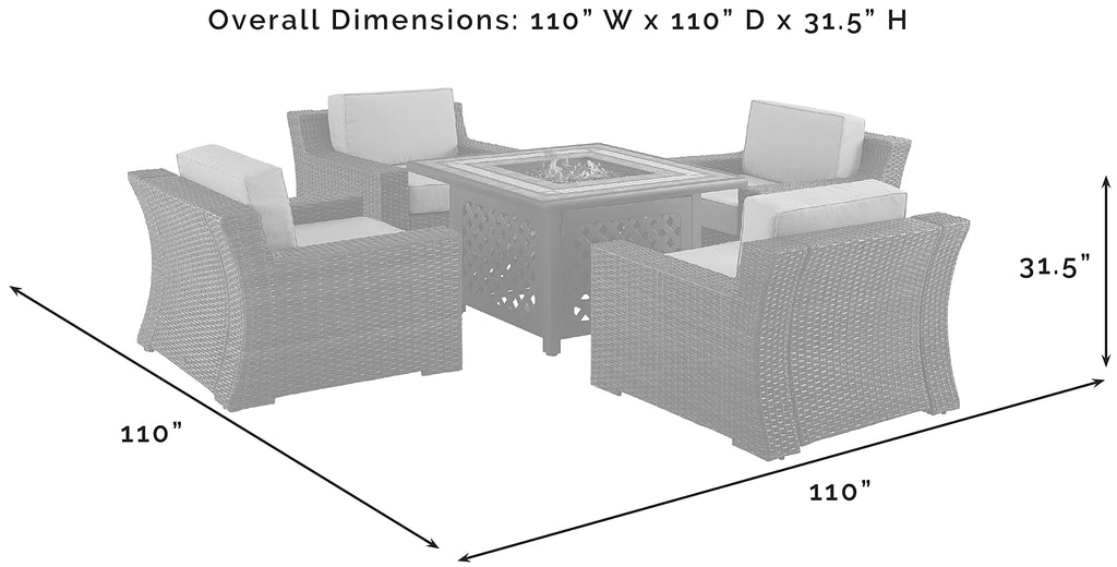 Crosley Furniture Beaufort Beaufort 5-Piece Wicker Outdoor Chair Patio Furniture Set With Propane Gas Fire Pit Table, Brown With Mist Cushions