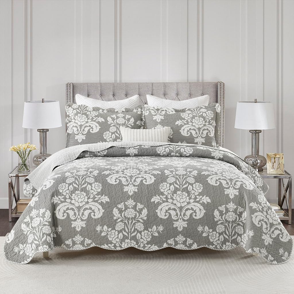 Qiqiong Quilt Queen Size, Queen Quilt Set 100% Cotton Bedspreads Lightweight Quilted Reversible Bedding Set Farmhouse Damask Pai