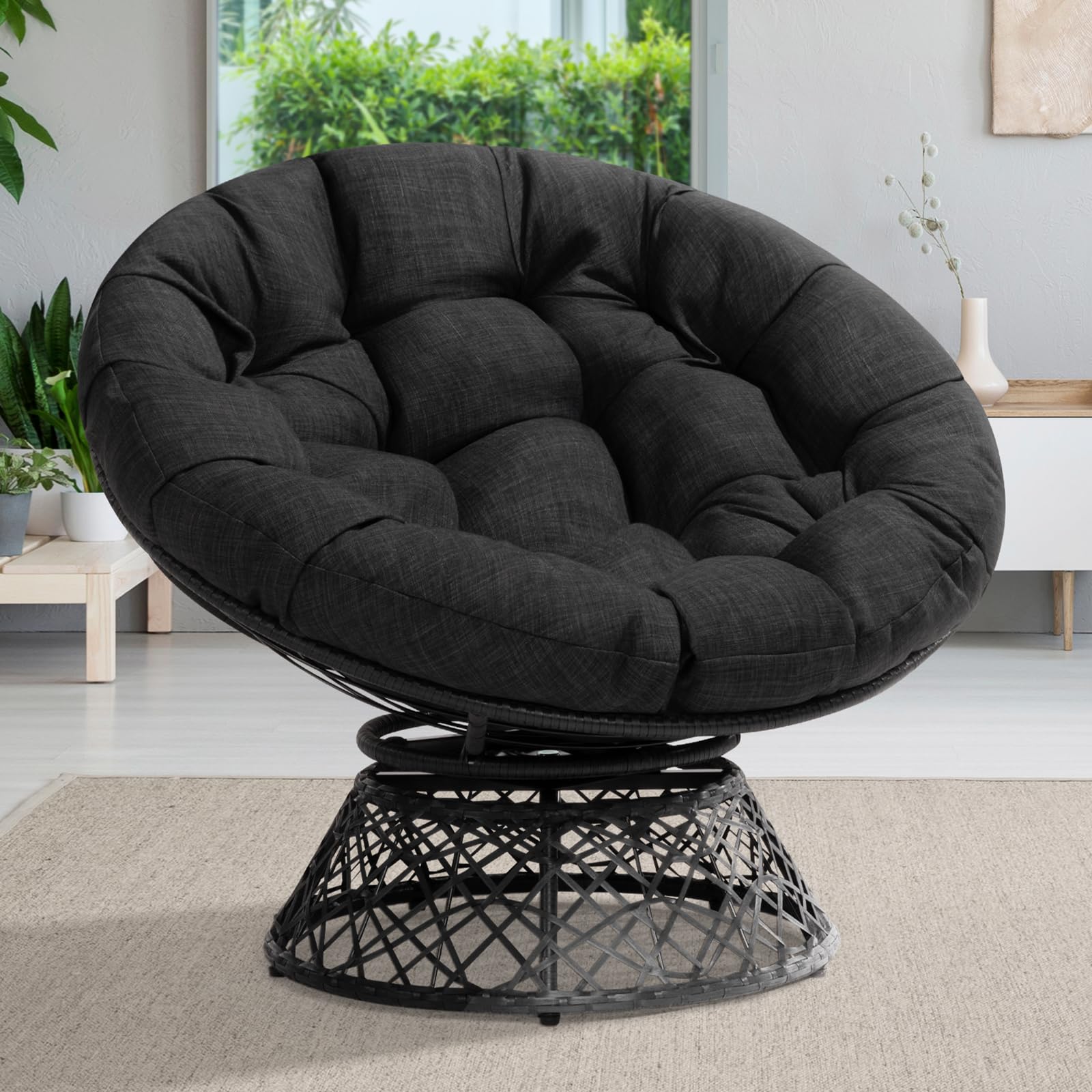 Bme 40' Ergonomic Wicker Papasan Chair With Soft Thick Density Fabric Cushion, High Capacity Steel Frame, 360 Degree Swivel For Living, Bedroom, Reading Room, Lounge, Onyx Stone