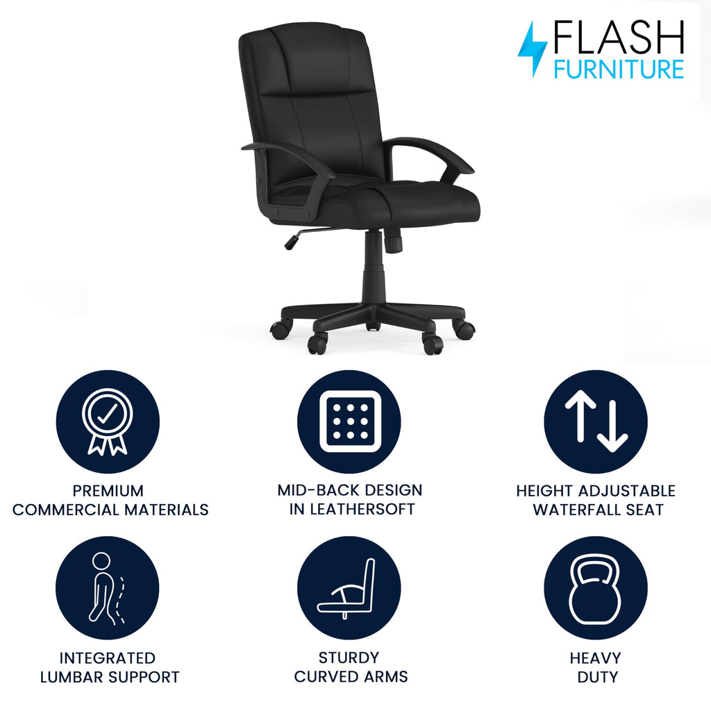 Flash Furniture Coffman Flash Fundamentals Mid-Back Leathersoft Office And Gaming Chair, Ergonomic Office Chair With Padded Leathersoft Seat And Arms, Black