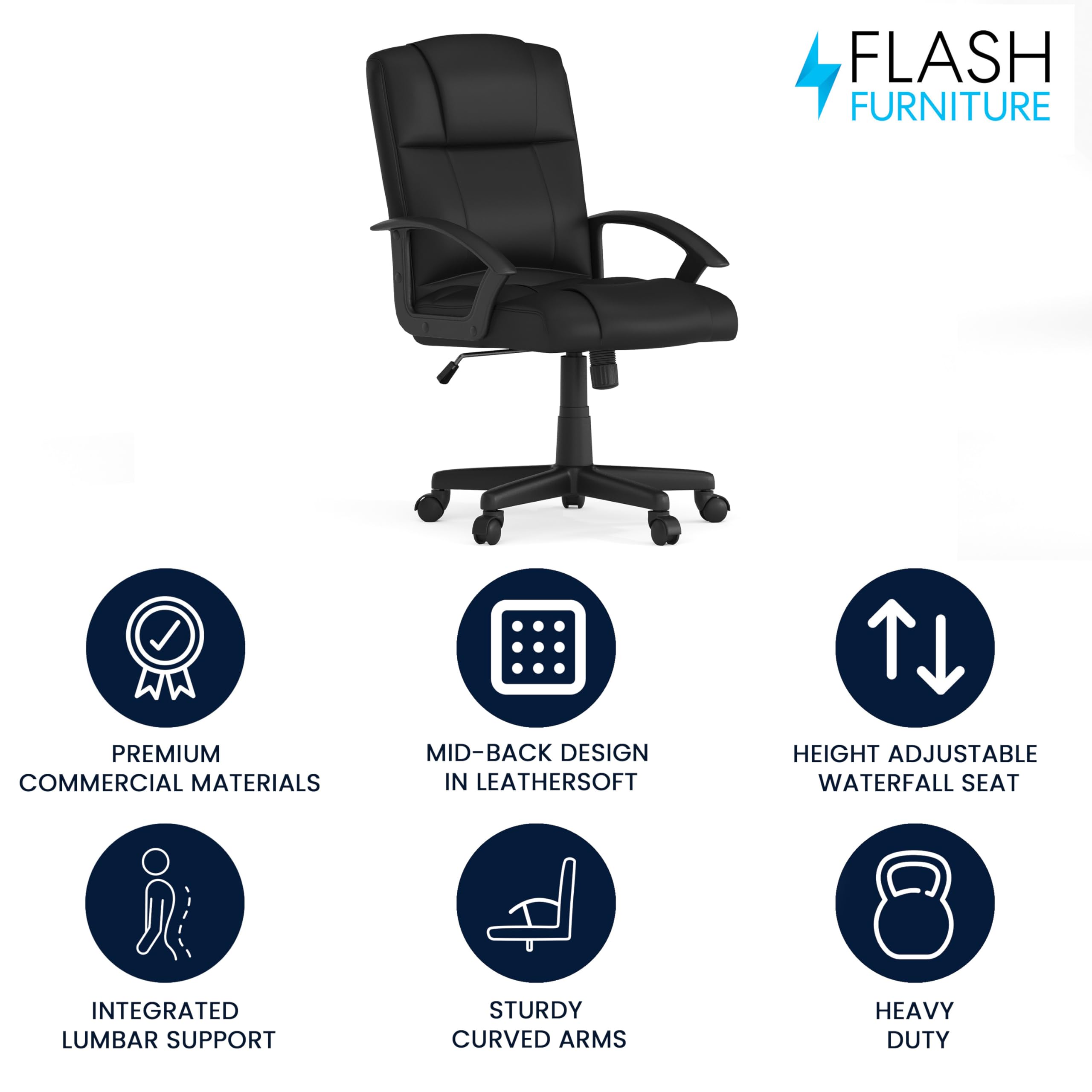 Flash Furniture Coffman Flash Fundamentals Mid-Back Leathersoft Office And Gaming Chair, Ergonomic Office Chair With Padded Leathersoft Seat And Arms, Black