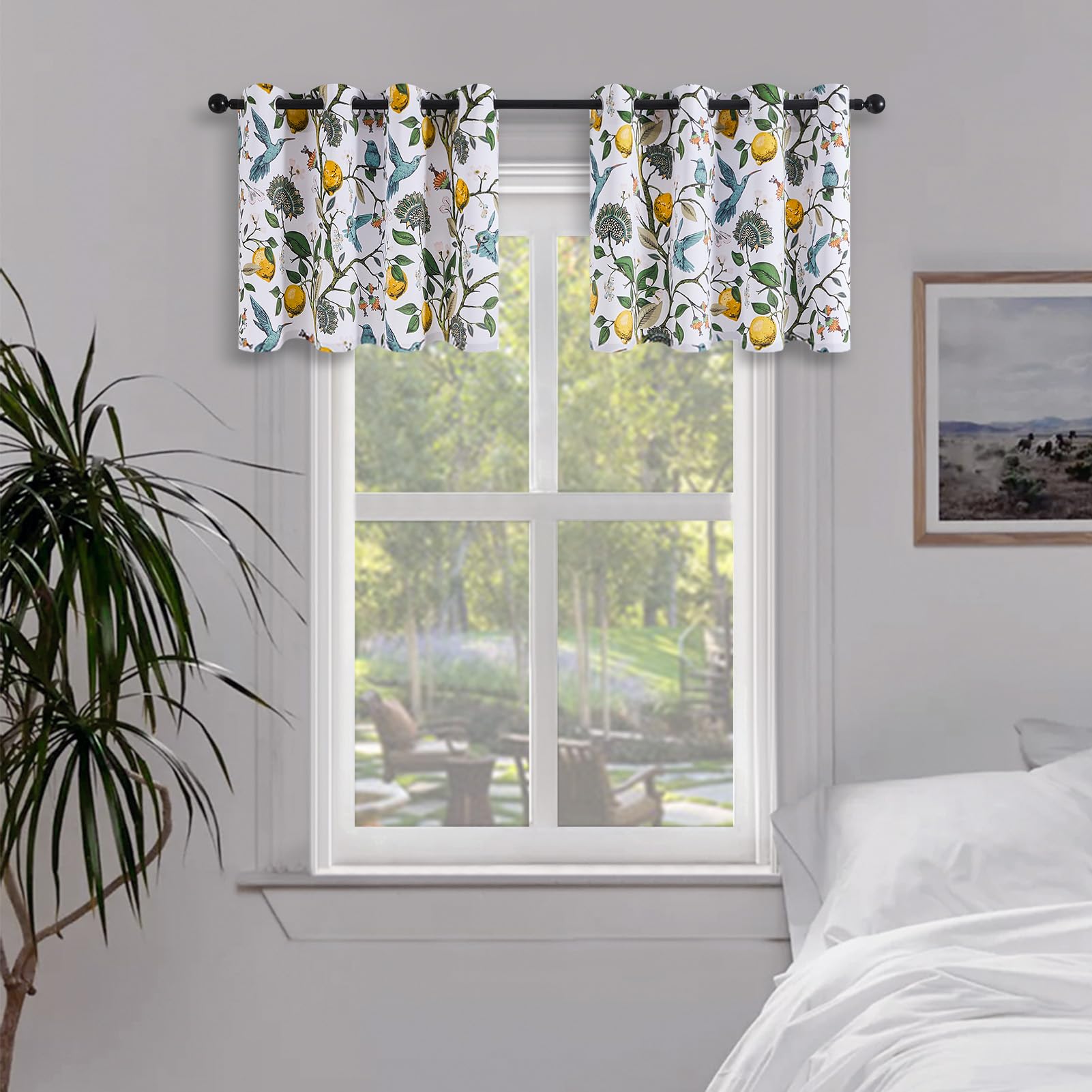 Topfinel White Blackout Window Toppers Curtains 18 Inch Length White Floral Leaf Hummingbird Lemon Printed Grommet Valances for 