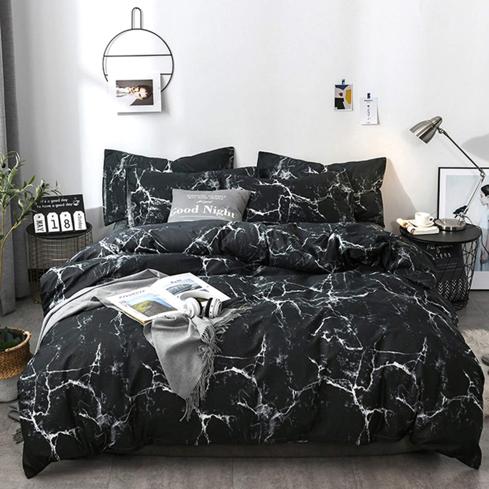 Luxlovery Black Marble Comforter Set Queen Black Marble Bed Set Full Cotton Comforter Cozy Beathable Soft Black And White Marble