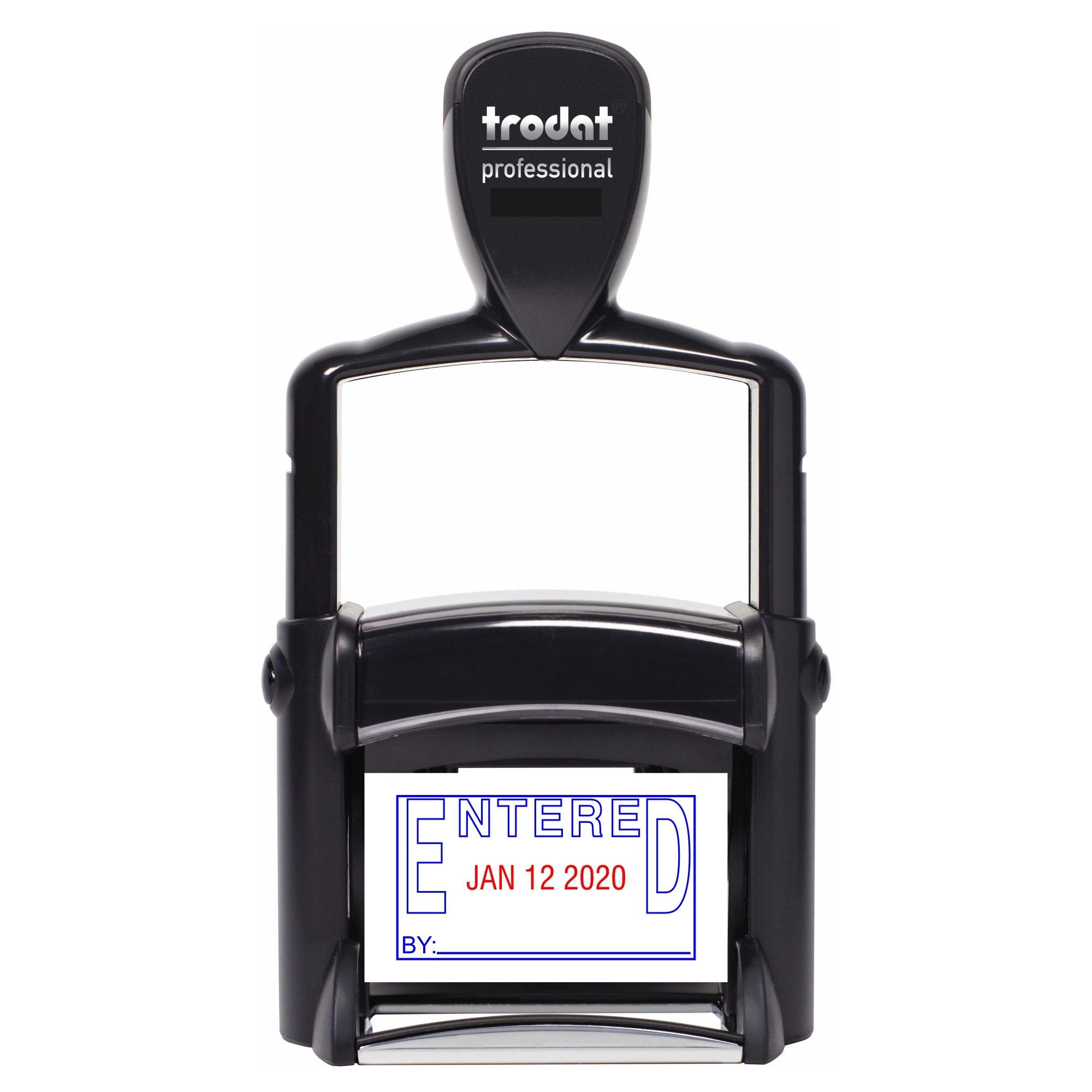 Trodat 5440E4-B/R - Self-Inking Entered (Outline Text) Date Stamp With Outside Border And By: Line, Blue/Red Ink, 1.75' Thick,
