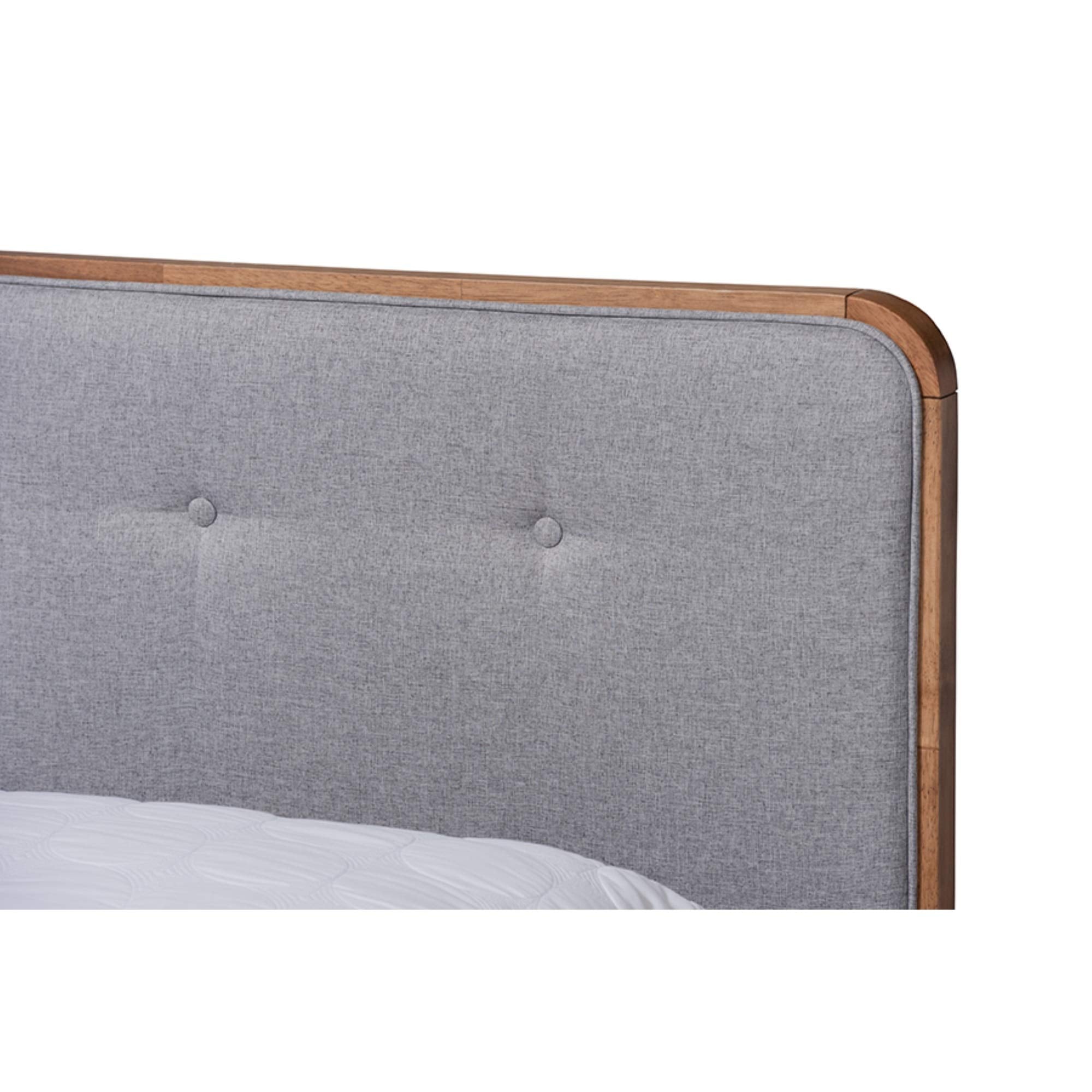 Baxton Studio Natalia Mid-Century Modern Light Grey Fabric Upholstered and Ash Walnut Finished Wood Queen Size Platform Bed