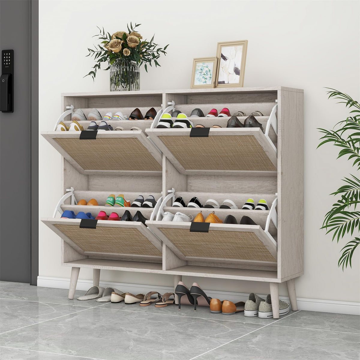 Zehuoge Rattan Shoe Cabinet With 4 Flip Drawers, Narrow Hidden Shoe Rack, Rattan Storage Cabinet For Entryway, Large Shoe Organizer With Rattan Doors (Light Wood)
