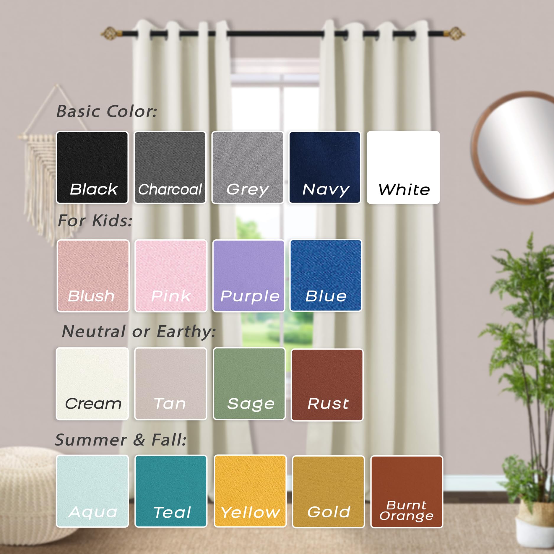Mrs.Naturall Cream Blackout Curtains 90 Inches Long For Living Room 2 Panels Set,Heat Blocking Thermal Insulated Room Darkening