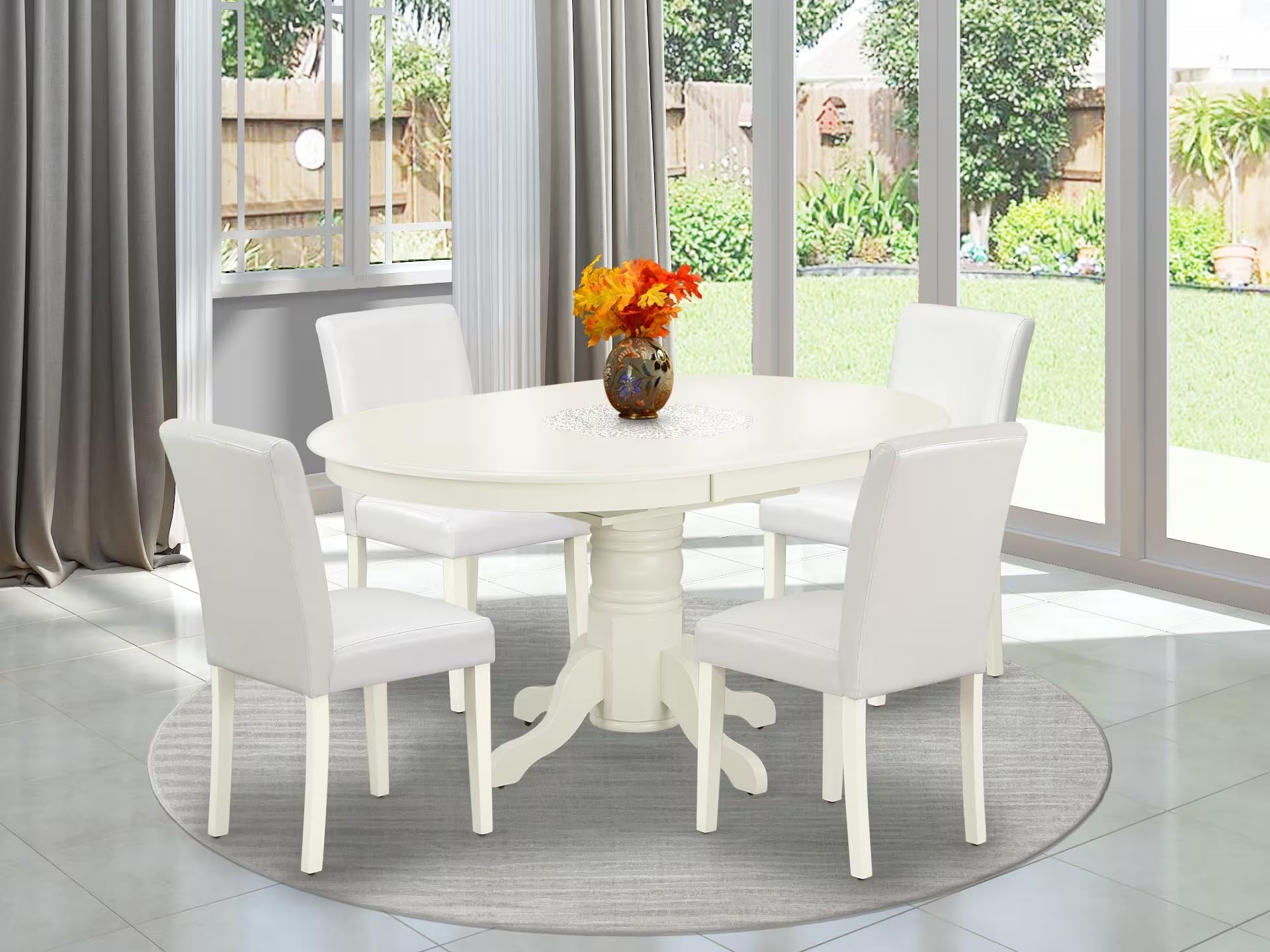 East West Furniture Avab5-Lwh-64 5 Piece Dining Room Table Set Includes An Oval Kitchen Table With Butterfly Leaf And 4 White Faux Leather Parson Dining Chairs, 42X60 Inch, Linen White