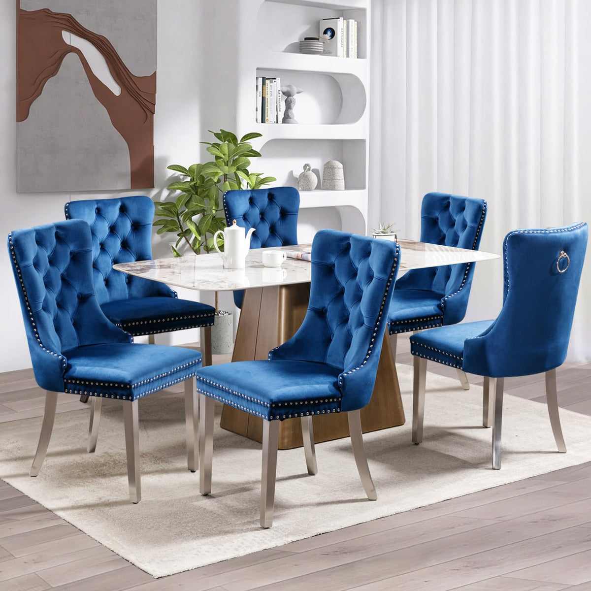 Soarflash Velvet Dining Chair Set Of 6, Upholstered Tufted Dining Room Chair With Nailhead Trim And Solid Silver Plated Leg For
