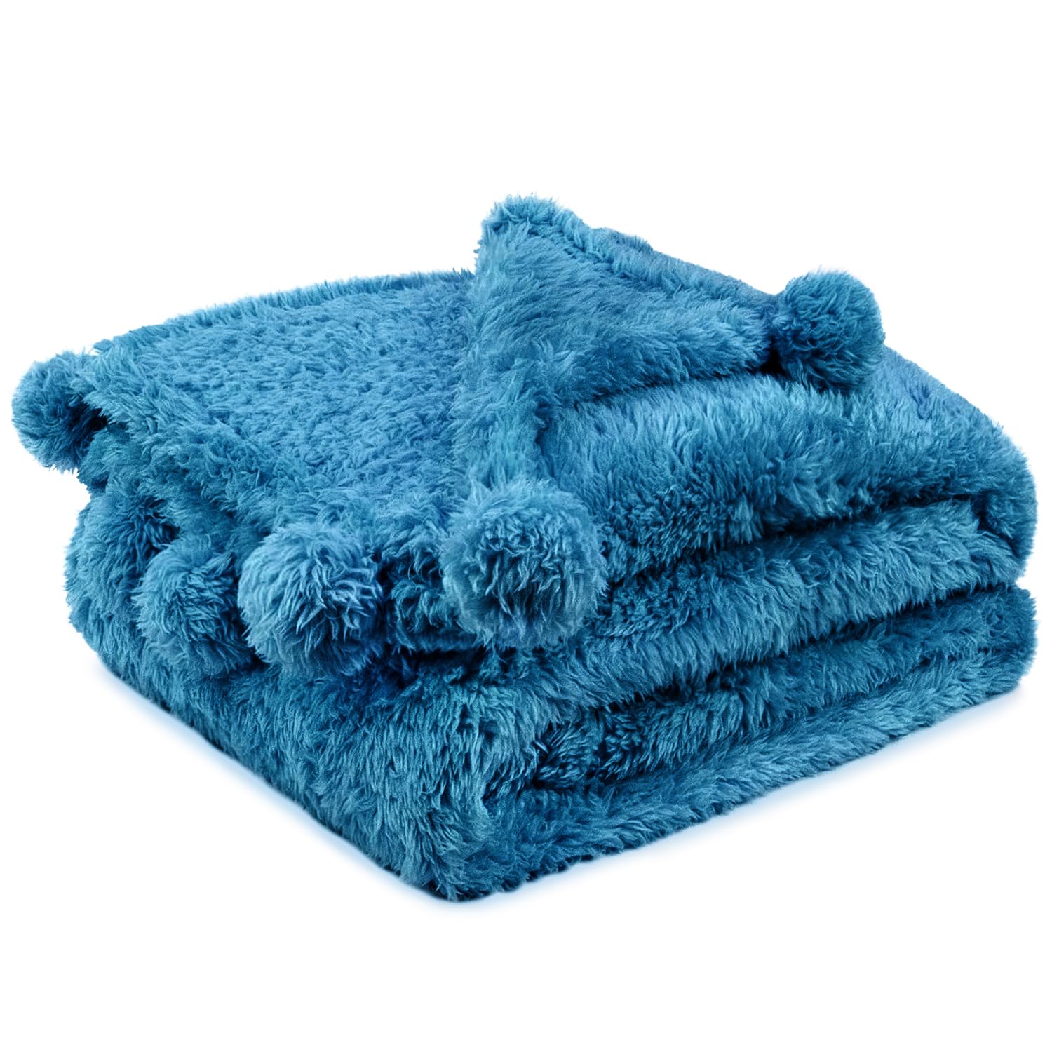 Pavilia Teal Sherpa Throw Blanket For Couch, Warm Plush Pom Pom Blanket Twin, Fuzzy Sofa Throw For Bed, Lightweight Soft Cozy Fl