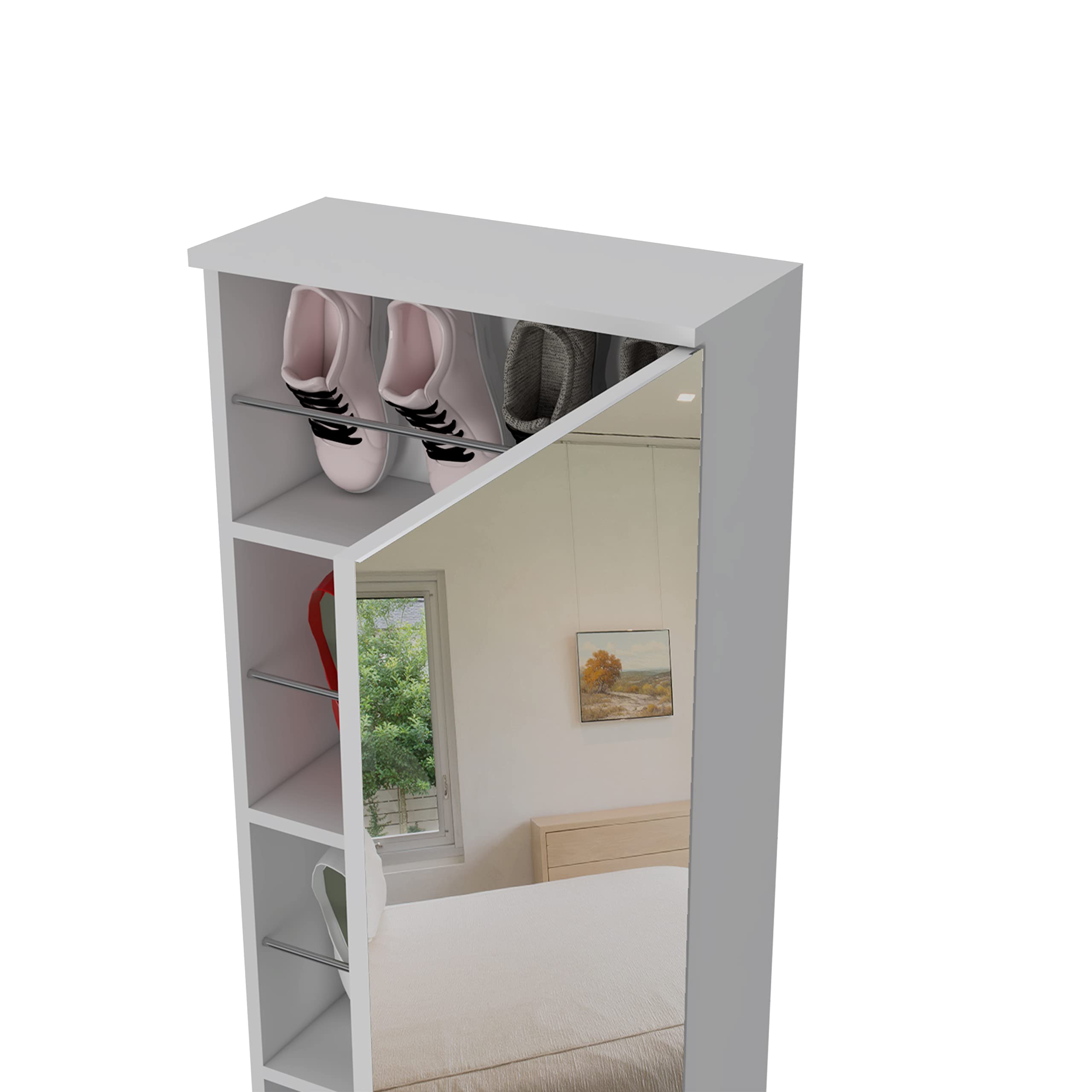 Baltimore Wall Mounted Shoe Rack With Mirror, Single Door, And Five Internal Storage Shelves, Approximate Capacity For Ten Shoes, 54&Quot; H, White, Bedroom