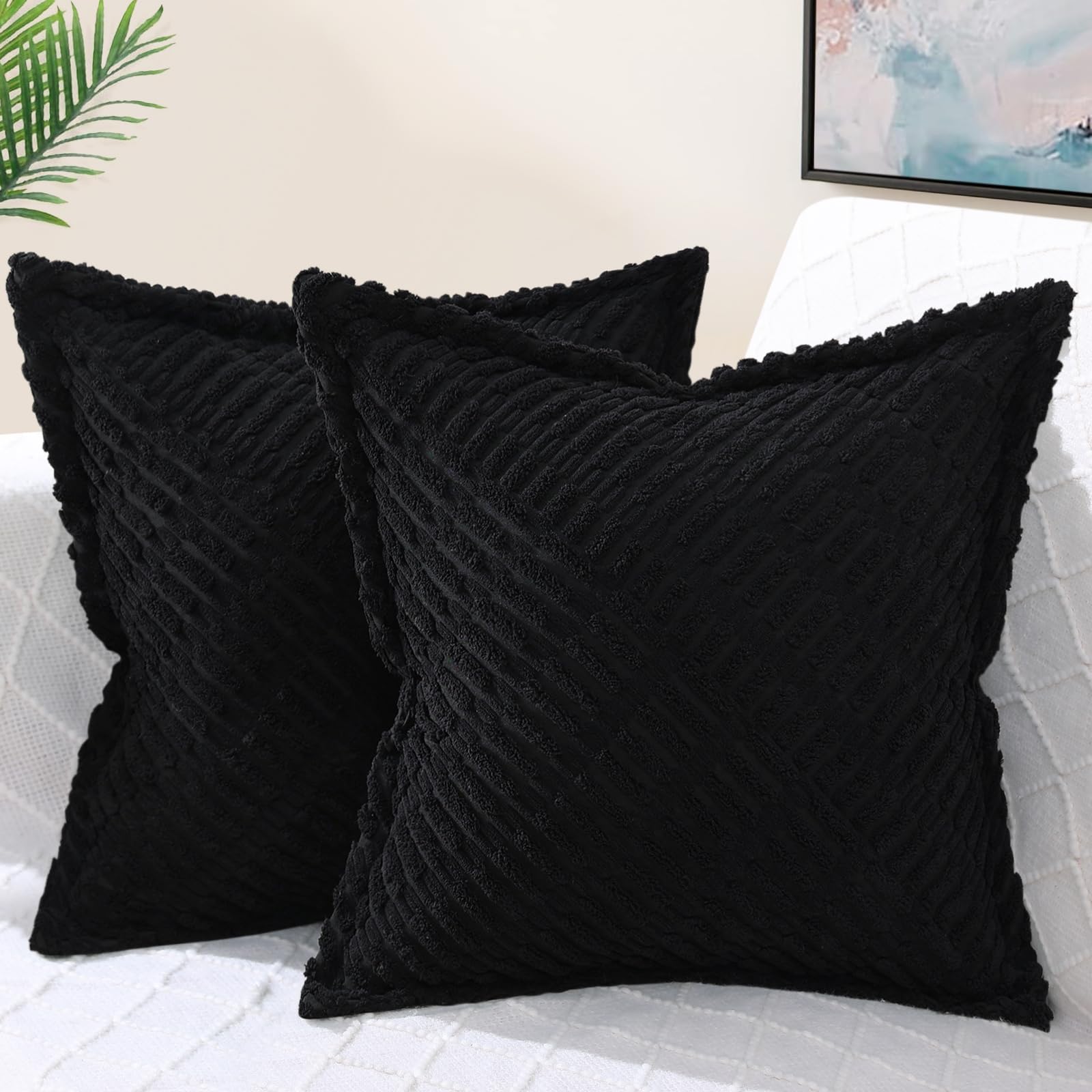 decorUhome Decorative Black Throw Pillow Covers 16x16 Set of 2 with Splicing, Boho Soft Corduroy Broadside Twill Pillow Covers f