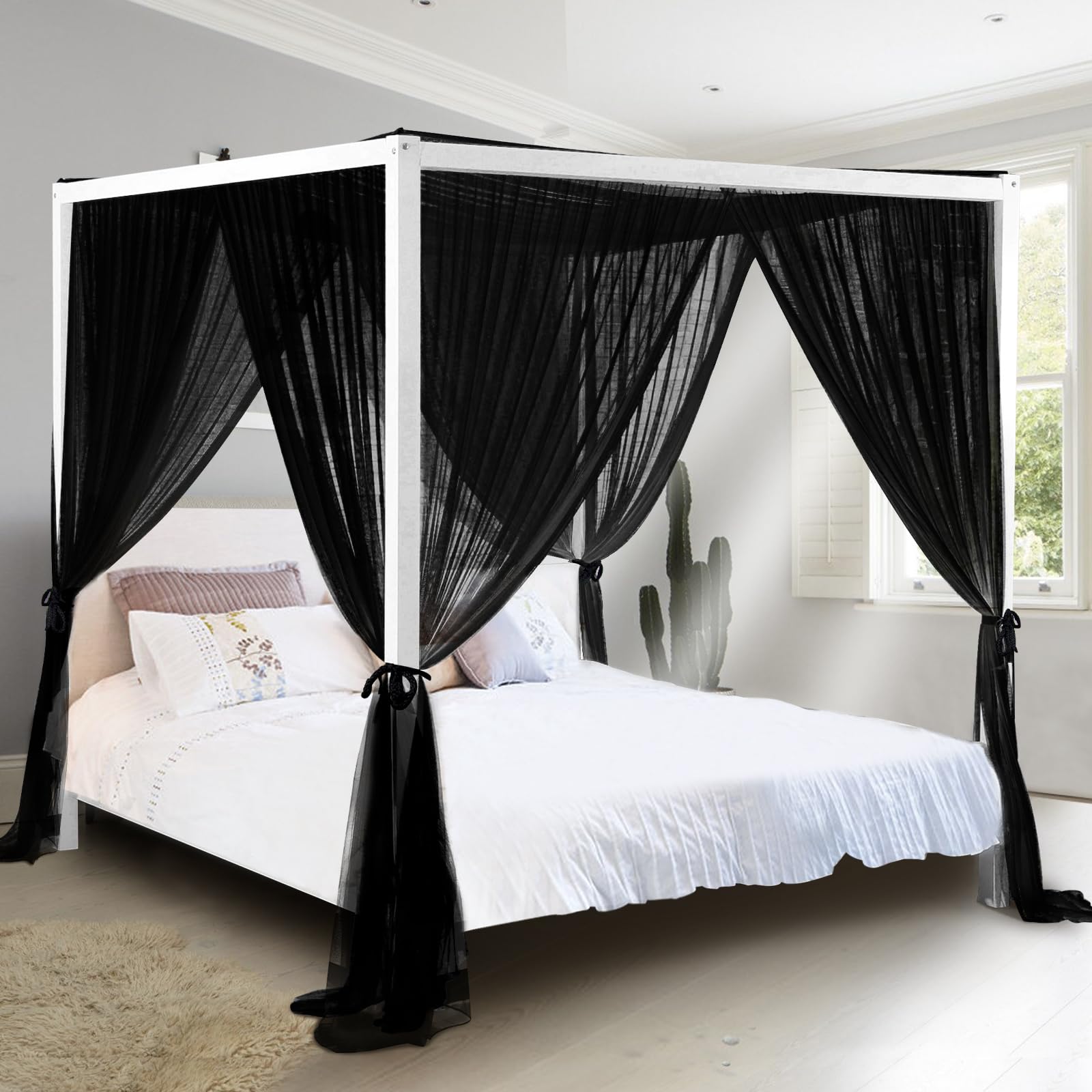 South To East Bed Canopy With Glowing Stars In The Dark, Black Bed Curtains For Kids Bed & Toddler Bed, Twin, Full & Queen Bed,