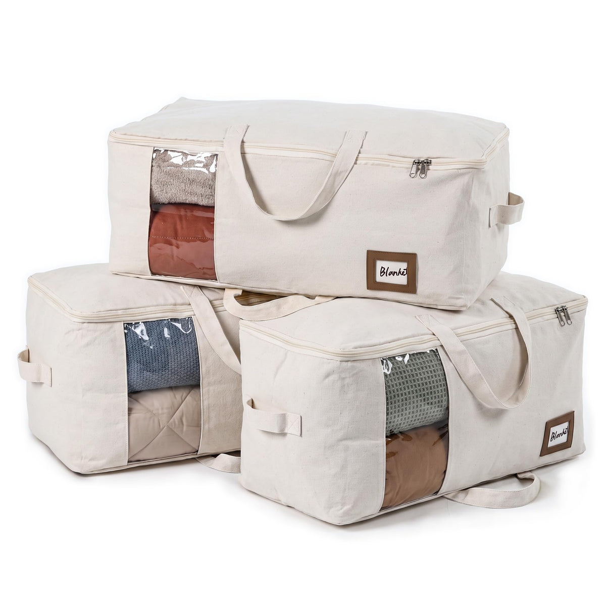Cotton Canvas Storage Bags for King/Queen Comforters, Bedding, 3Pack, Beige
