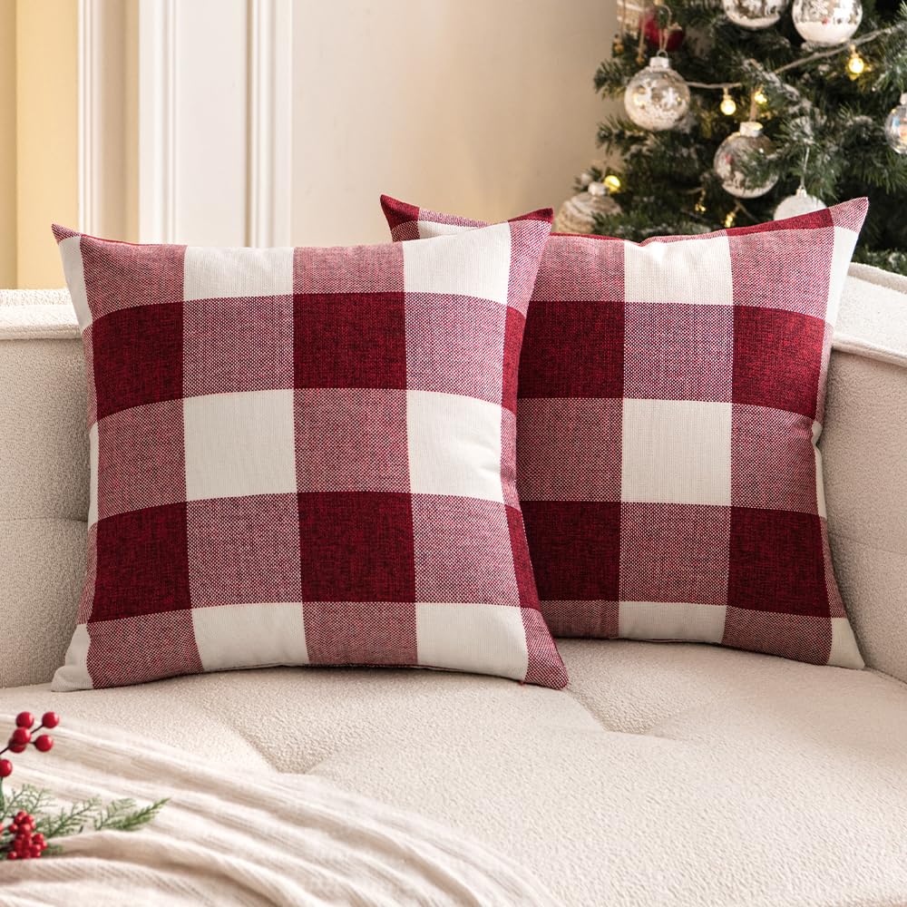 Woaboy Pack Of 2 Christmas Buffalo Check Throw Pillow Covers Plaids Farmhouse Throw Pillows Linen Soft Decorative Couch Pillow C
