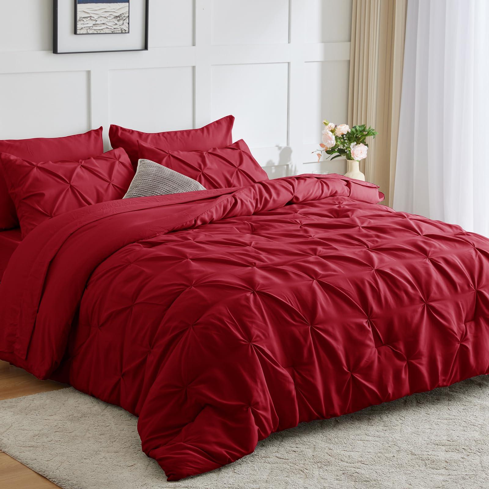 Cozylux Red Comforter Set King - 7 Pieces Bed In A Bag Dark Red, Pintuck Comforters Pinch Pleat Bedding Sets With All Season Com