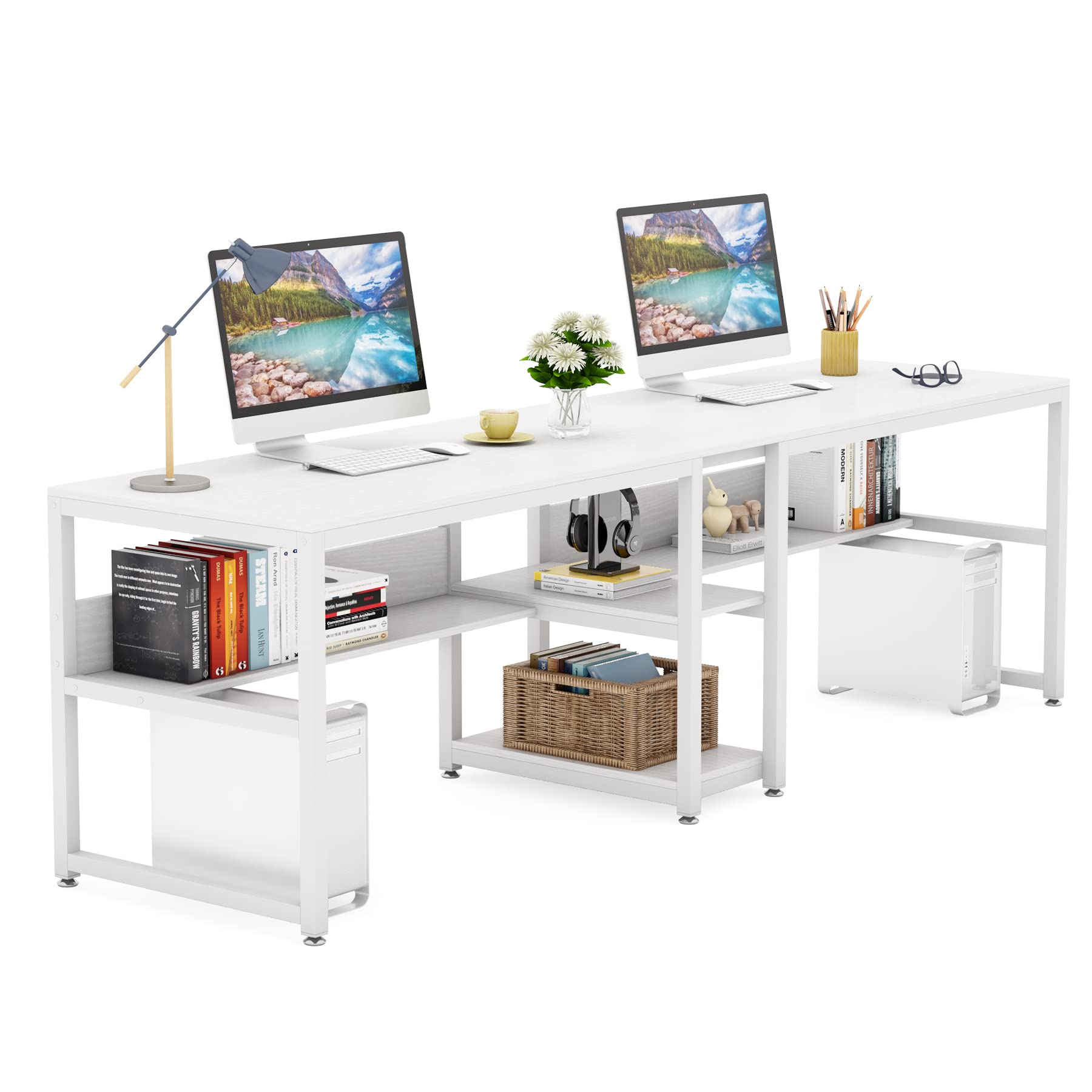 Tribesigns Two Person Desk with Bookshelf, 78.7 Computer Office Double Desk for Two Person, Rustic Writing Desk Workstation with