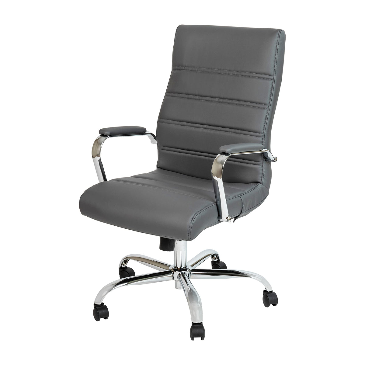 Flash Furniture Whitney High-Back Swivel LeatherSoft Desk Chair with Padded Seat and Armrests, Adjustable Height Padded Office Chair, Gray/Chrome