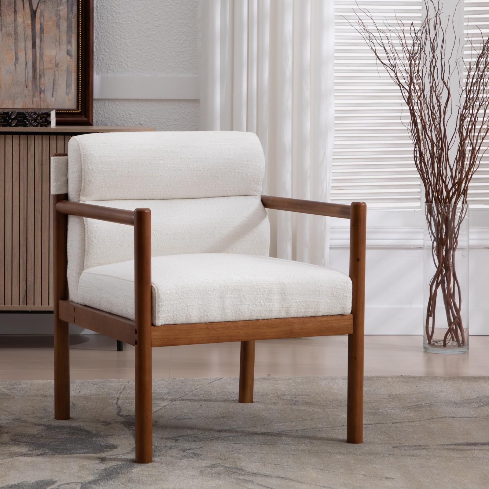 Rivova Modern Living Room Chair, White Upholstered Accent Chair With Channel Tufted Back, Brown Wood Lounge Reading Arm Chair, L