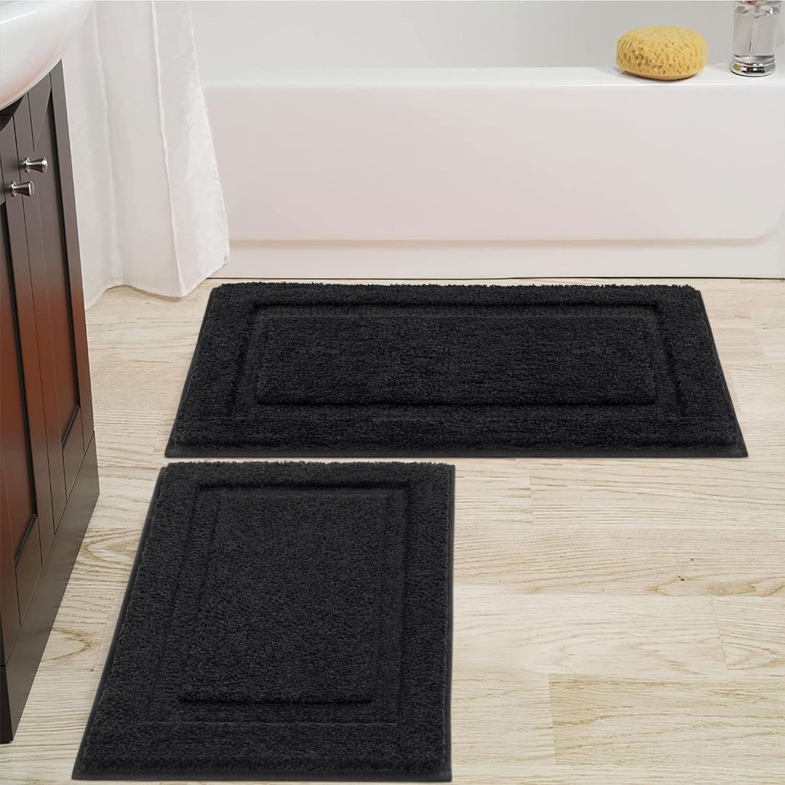 SHACOS Super Soft Black Bathroom Rugs Set of 2 Pieces 32 x 20 inch Non Slip Washable Bath Mats Microfiber Absorbent Bathroom Mat