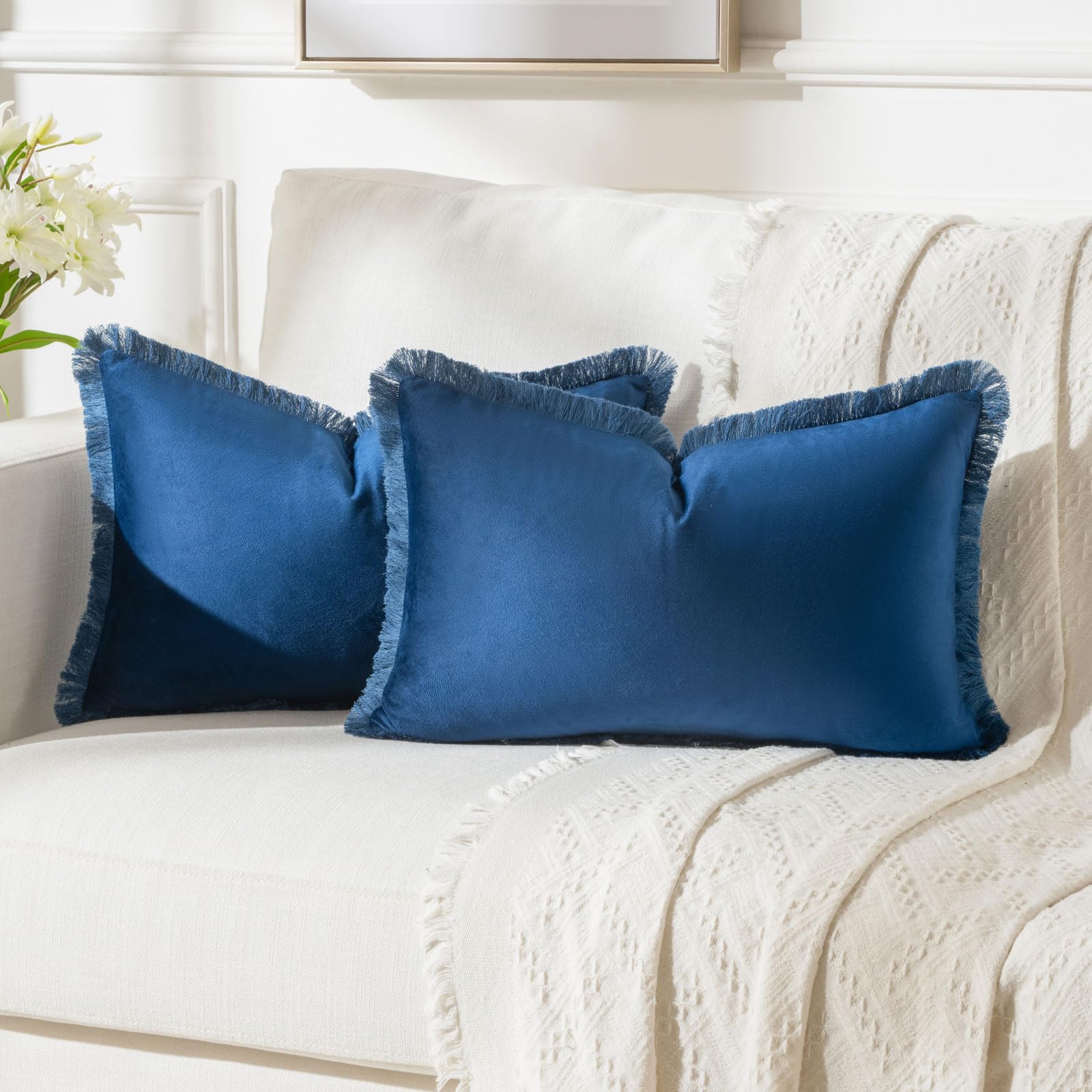 FUTEI Navy Blue Boho Throw Pillow Covers with Tassels 12x20 Inch Set of 2,Soft Velvet Lumbar Pillow Cases,Home Decor for Couch L