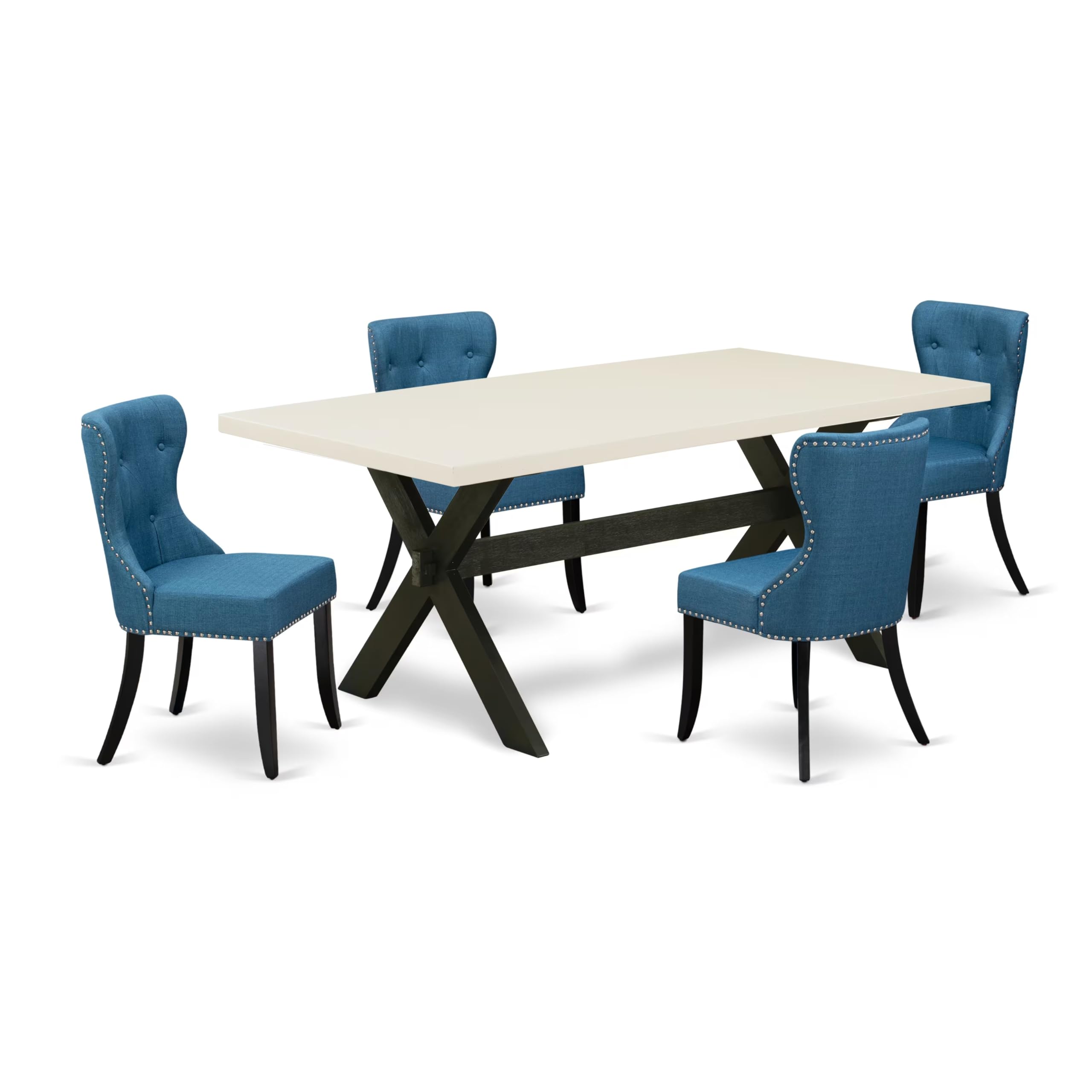 East West Furniture X627Si121-5 5 Piece Dining Room Furniture Set Includes A Rectangle Dining Table With X-Legs And 4 Blue Linen Fabric Upholstered Chairs, 40X72 Inch, Multi-Color