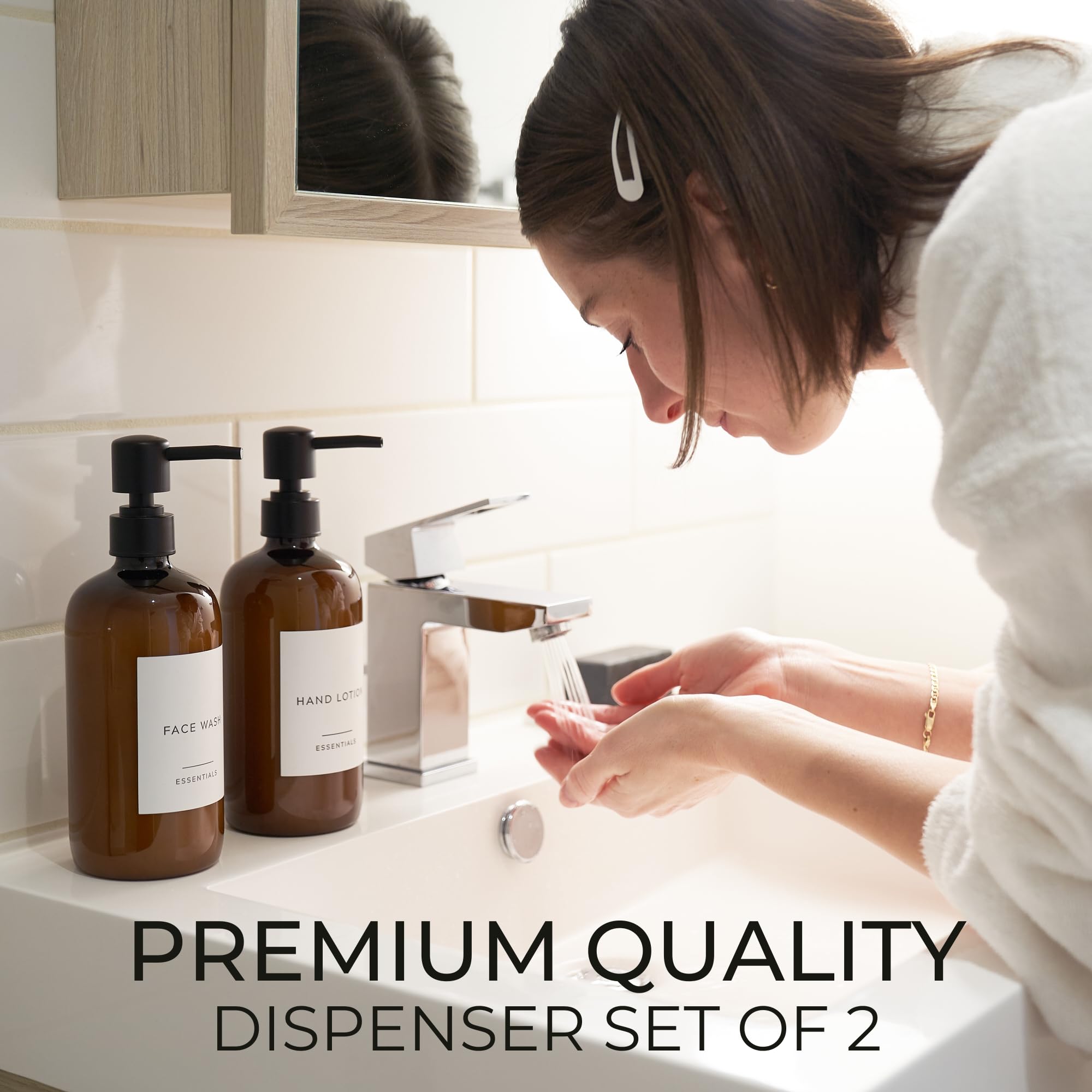 Stylish Soap Dispenser Set Of 2 For Kitchen Or Bathroom - Quality 21Oz Dish And Hand Soap Dispensers - Extra Durable Amber Dispe