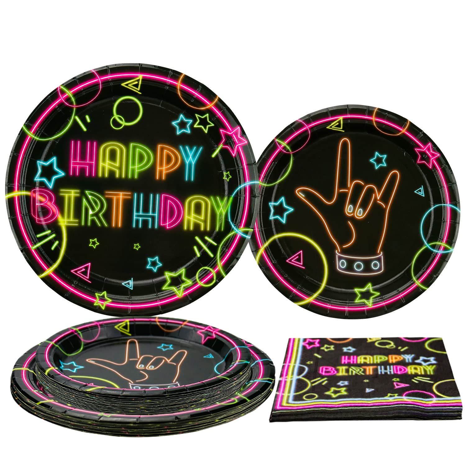 Glow Neon Party Supplies - Glow in the Dark Happy Birthday Plates and Fluorescent Napkins for Blacklight Neon Party Decorations,