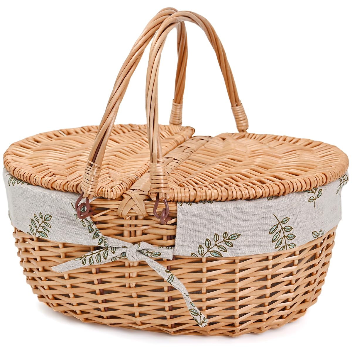 Wicker Picnic Basket with Removable Liner Empty Picnic Baskets with Lid, Picnic Hamper with Foldable Handles for Picnic, Green L