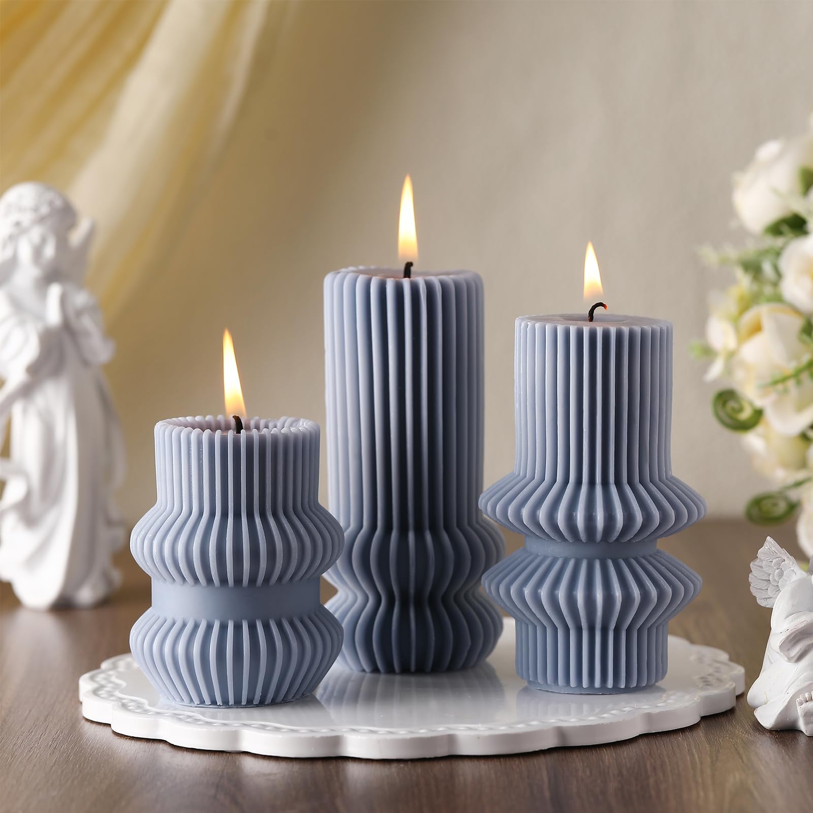 MTLEE 3 Pcs Small Ribbed Pillar Candles Scented Pillar Candle Tall Pillar Candle Soy Wax Aesthetic Candle 4.7, 4.2, 3.2 in Heigh