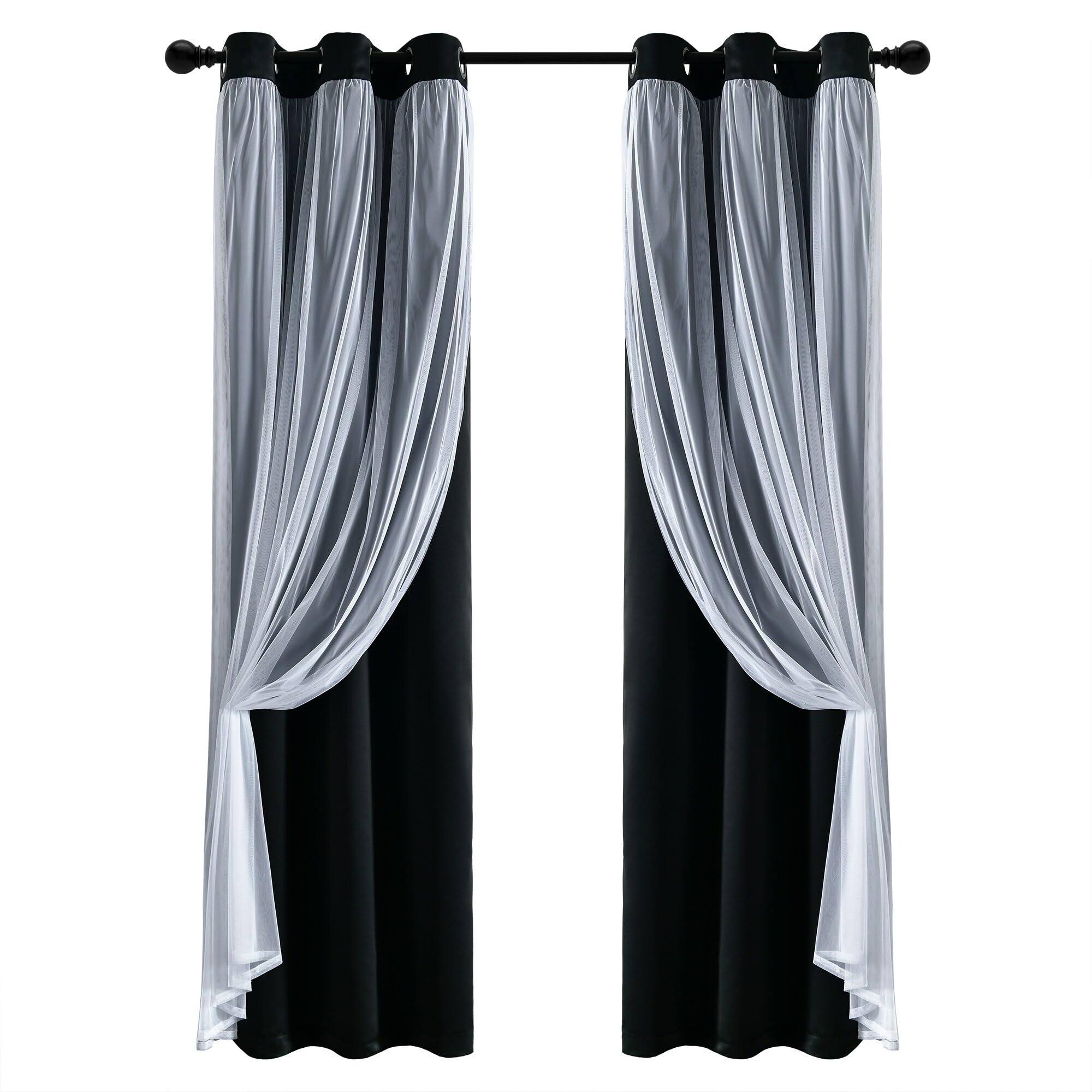 Lush Decor Sheer Grommet Curtains With Insulated Blackout Lining, Window Curtain Panels, Pair, 38'W X 84'L, Black - Curtain Wi