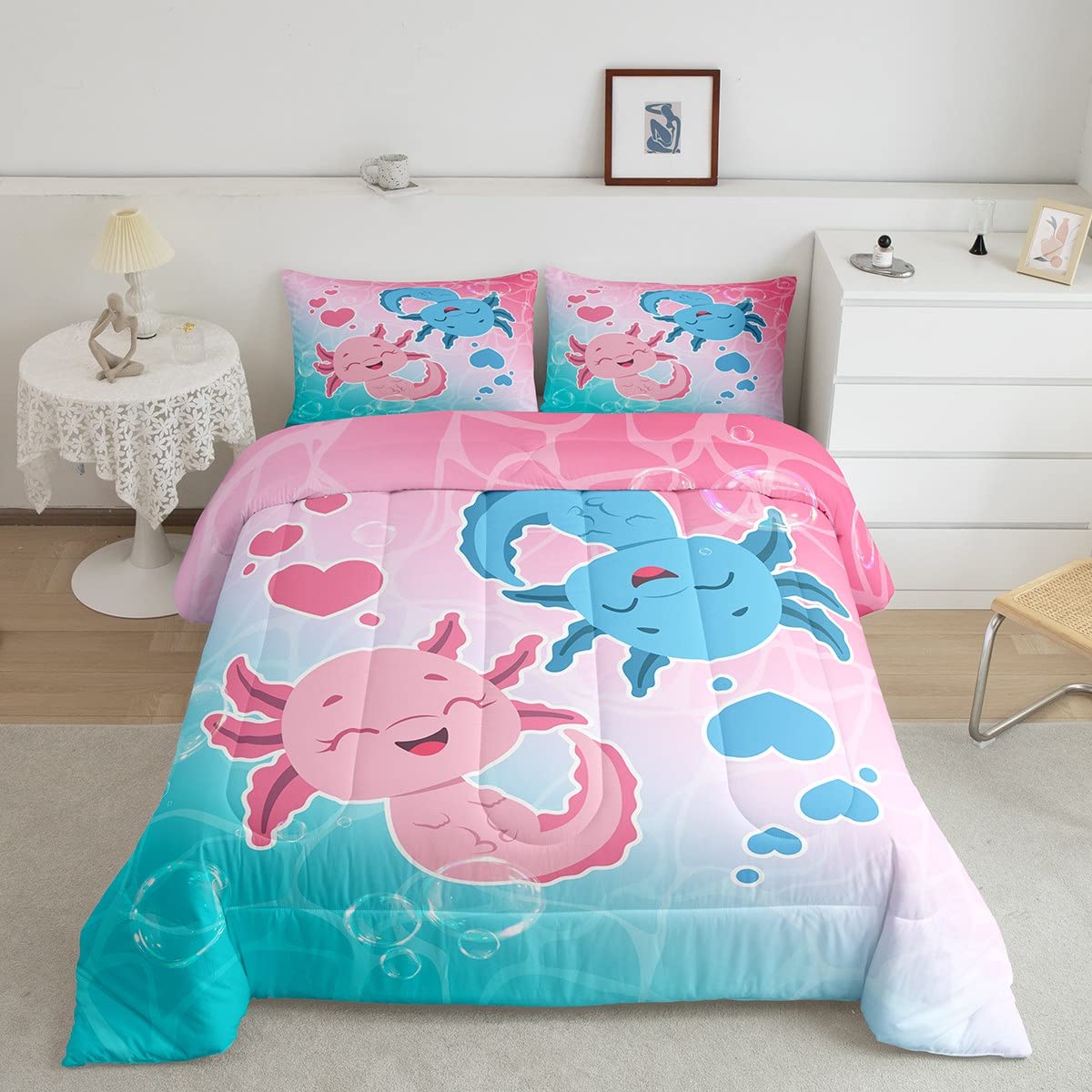 Castle Fairy Cute Axolotls Bedding Set Full Size Watercolor Pink Sea Blue Comforter Set 3Pcs Kids Girls Boys Teens Room Decor Oc