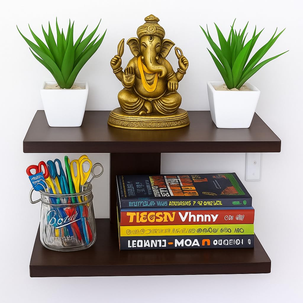 Zkoira I Shape Wall Mounted Wood Floating Shelf With Book Storage, Wenge Finish Items Home Cabinet Cupboards Organisers Pooja Ho