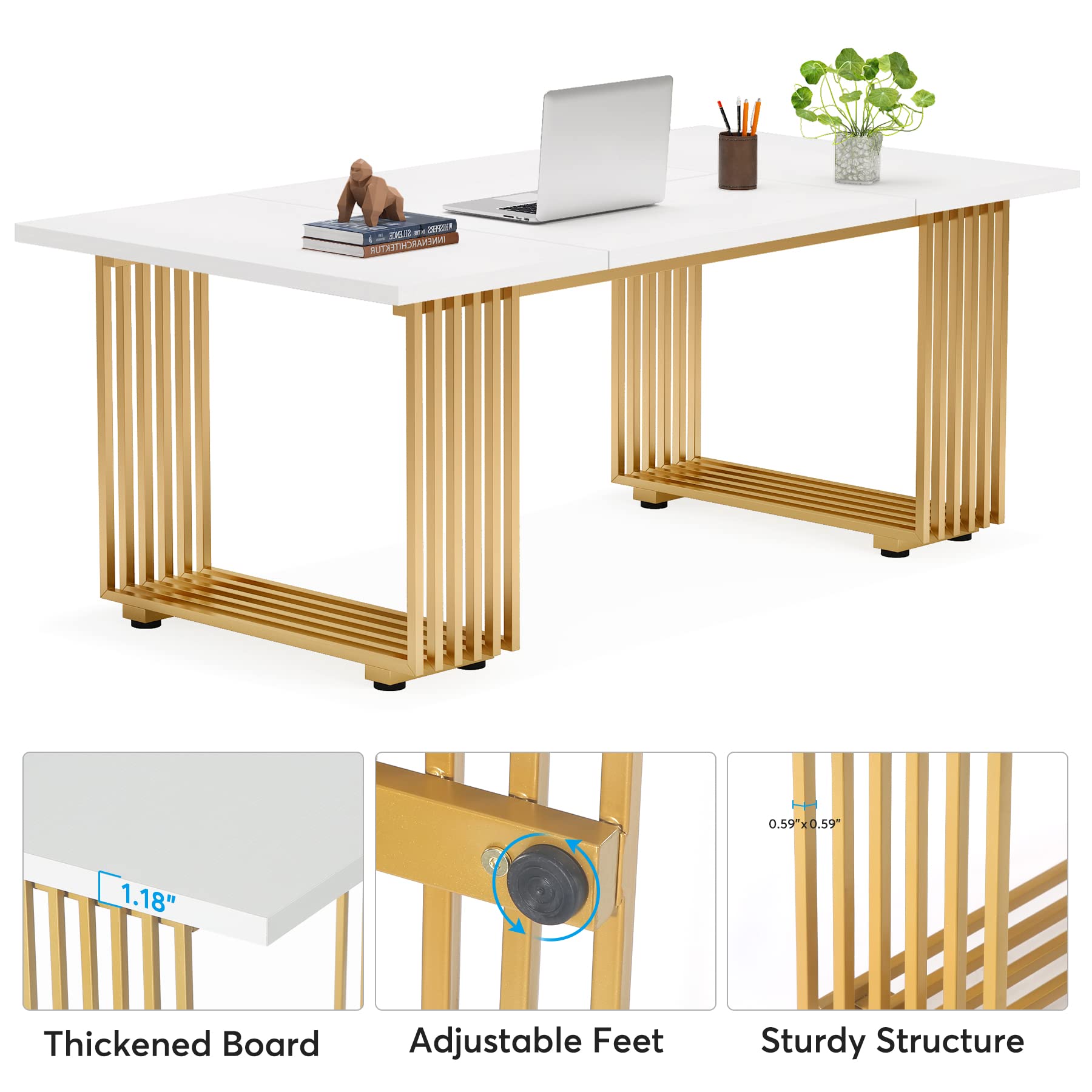 Tribesigns 70.9' Modern Office Desk, Wooden Computer Desk, White Executive Desk With Gold Metal Legs, Large Workstation For Home Office, Study Writing Desk, Small Conference Table For Meeting Room