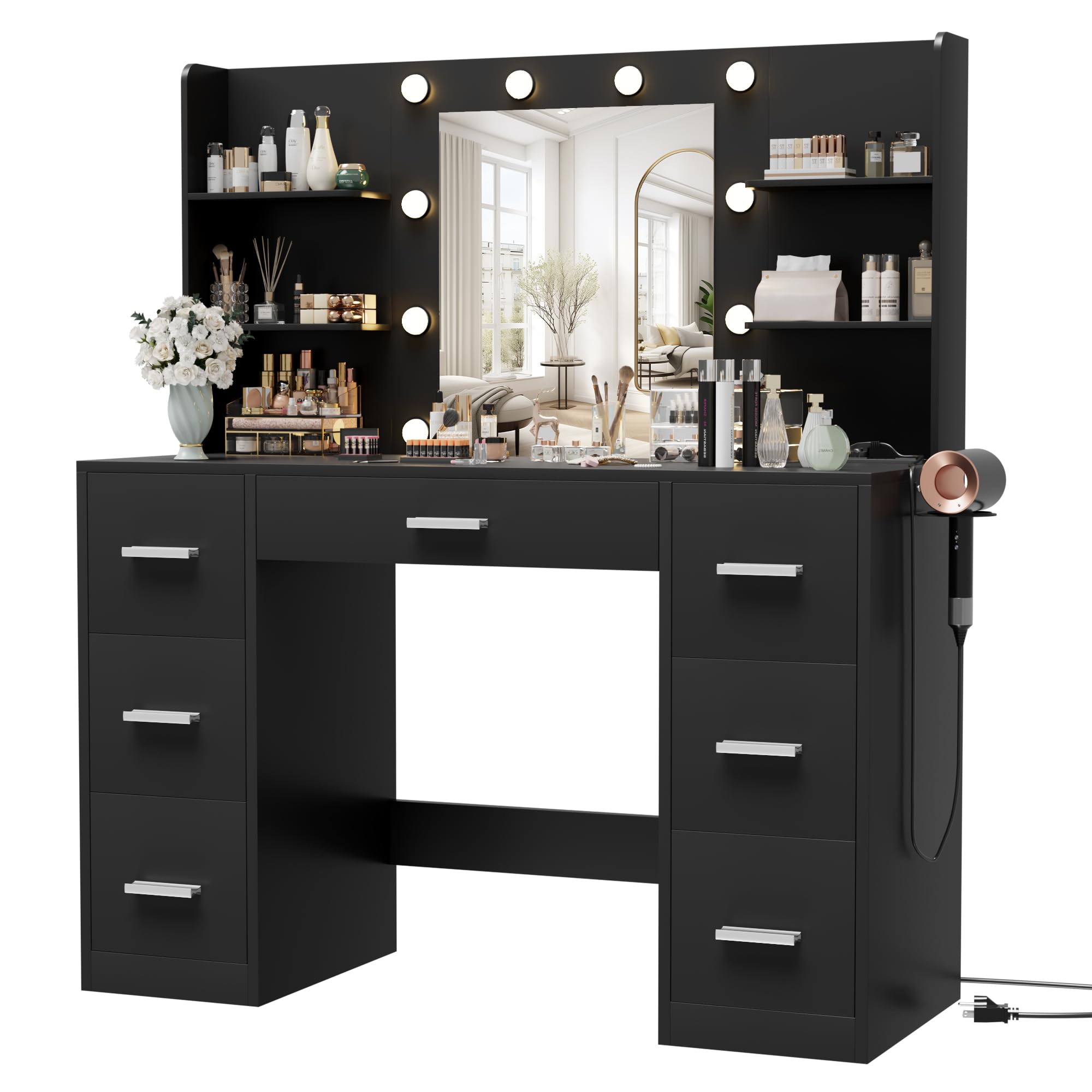 Furmax Vanity Desk With Mirror, Led Lights And Power Outlet Makeup Vanity Table With 7 Drawers And 6 Storage Shelves Dressing Table For Bedroom Dressing Room (Black)