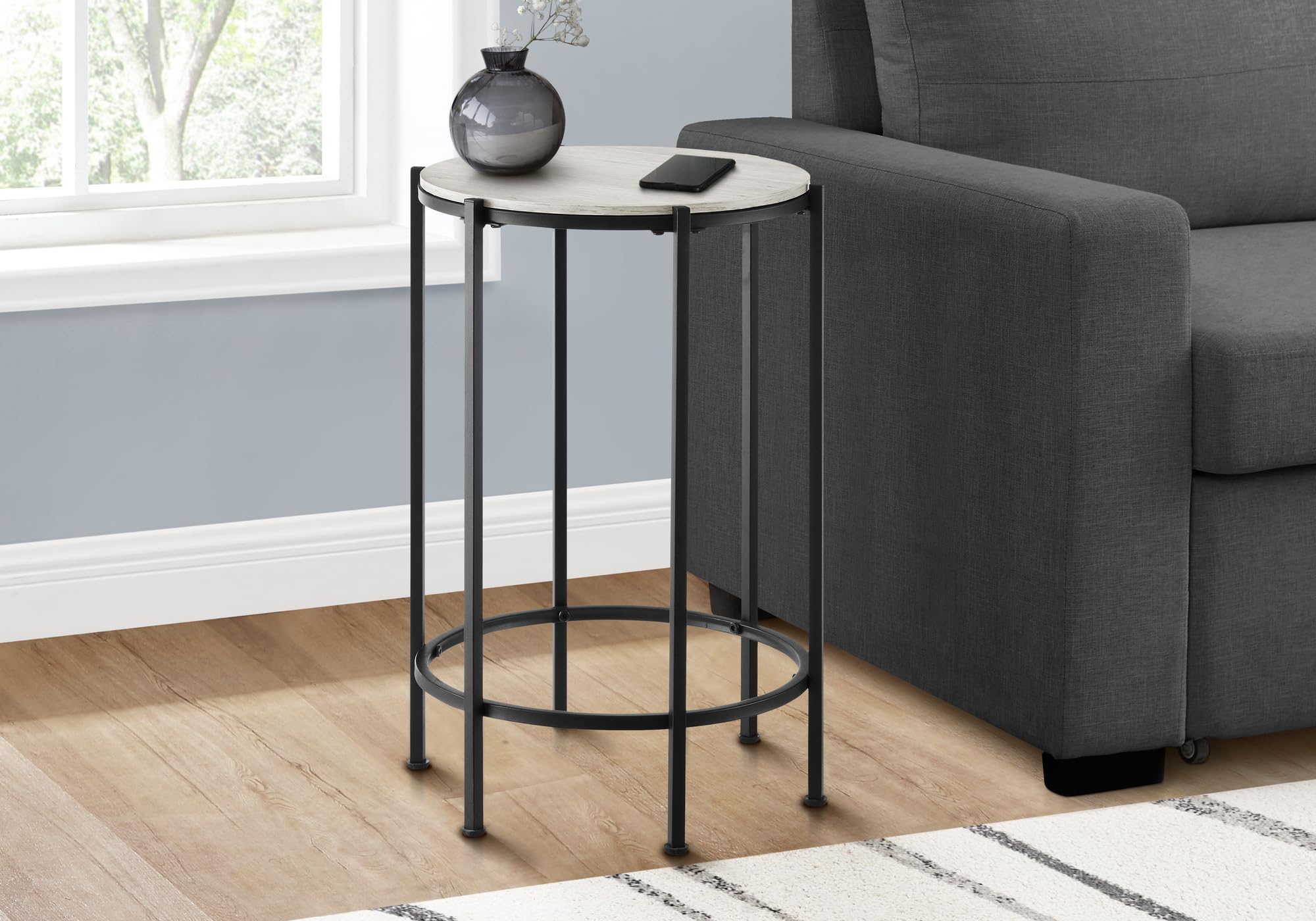 Monarch Specialties I 3757 Accent Table, End, Round, Side Table, Bedroom, Nightstand, Washed Oak, Black Metal
