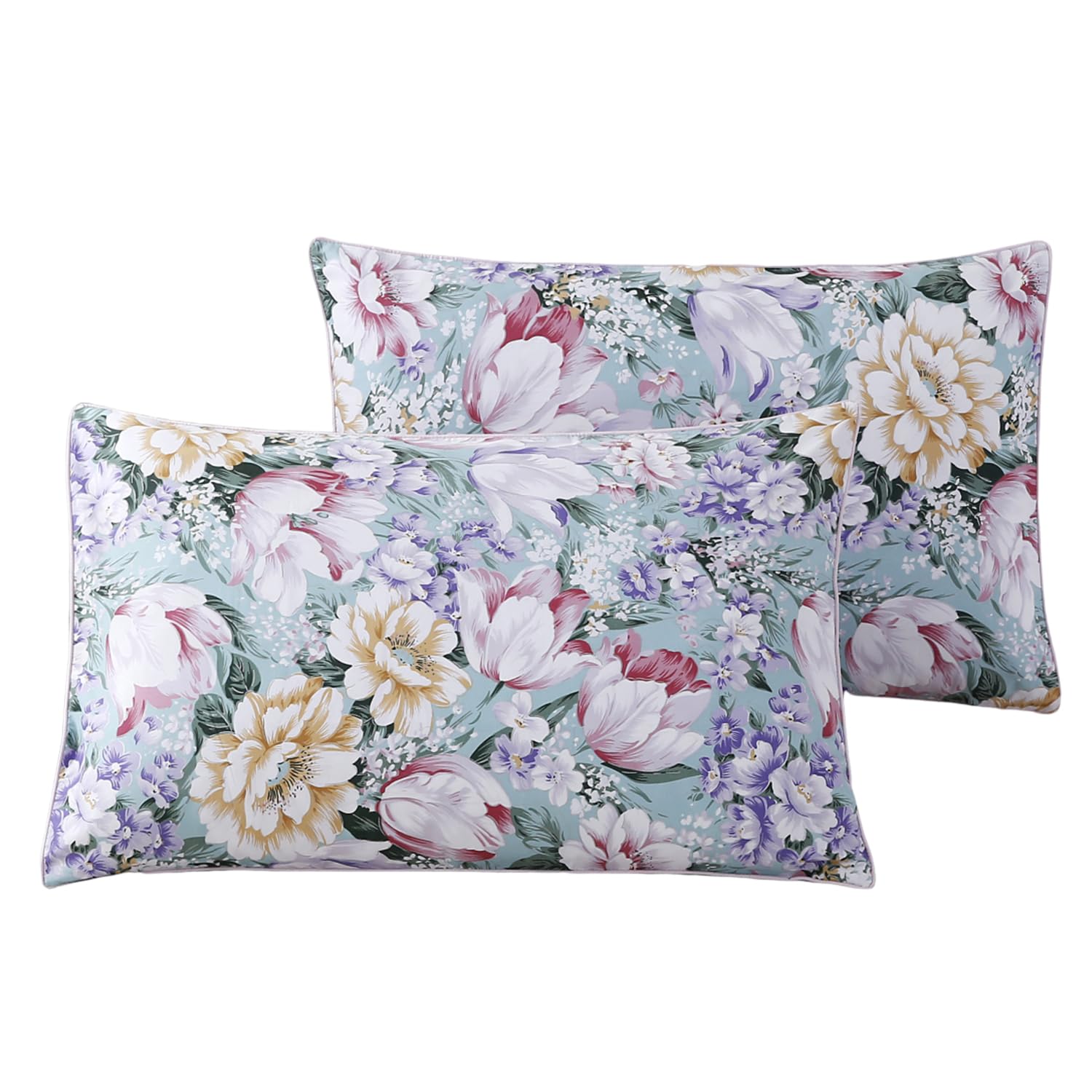 WINLIFE 100% Cotton Pillowcases Garden Floral Printed Pillow Cases Set of 2 Aqua Yellow Lavender Purple Flowers Print Pillow Cov
