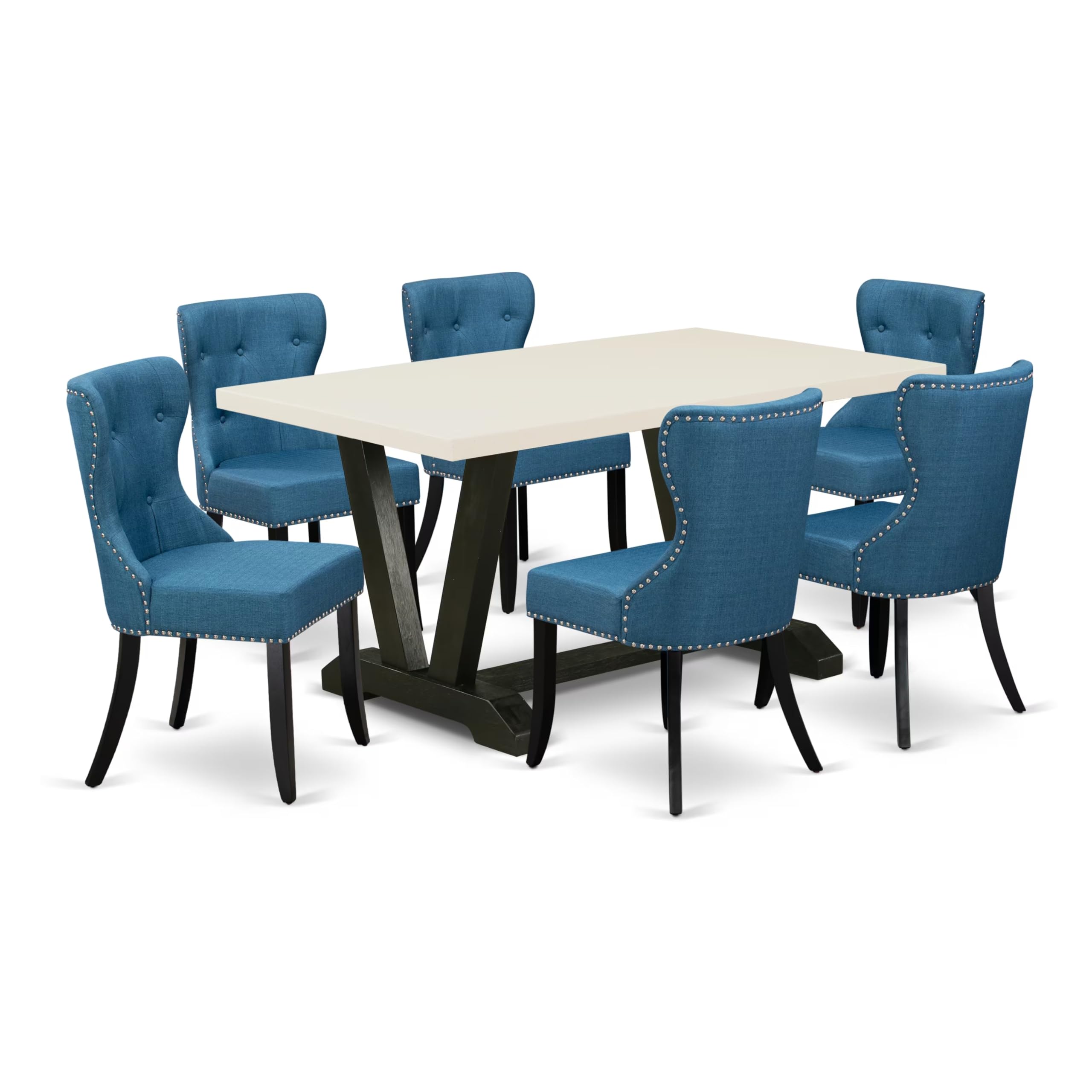 East West Furniture V626Si121-7 7 Piece Kitchen Table & Chairs Set Consist Of A Rectangle Dining Room Table With V-Legs And 6 Blue Linen Fabric Parsons Chairs, 36X60 Inch, Multi-Color