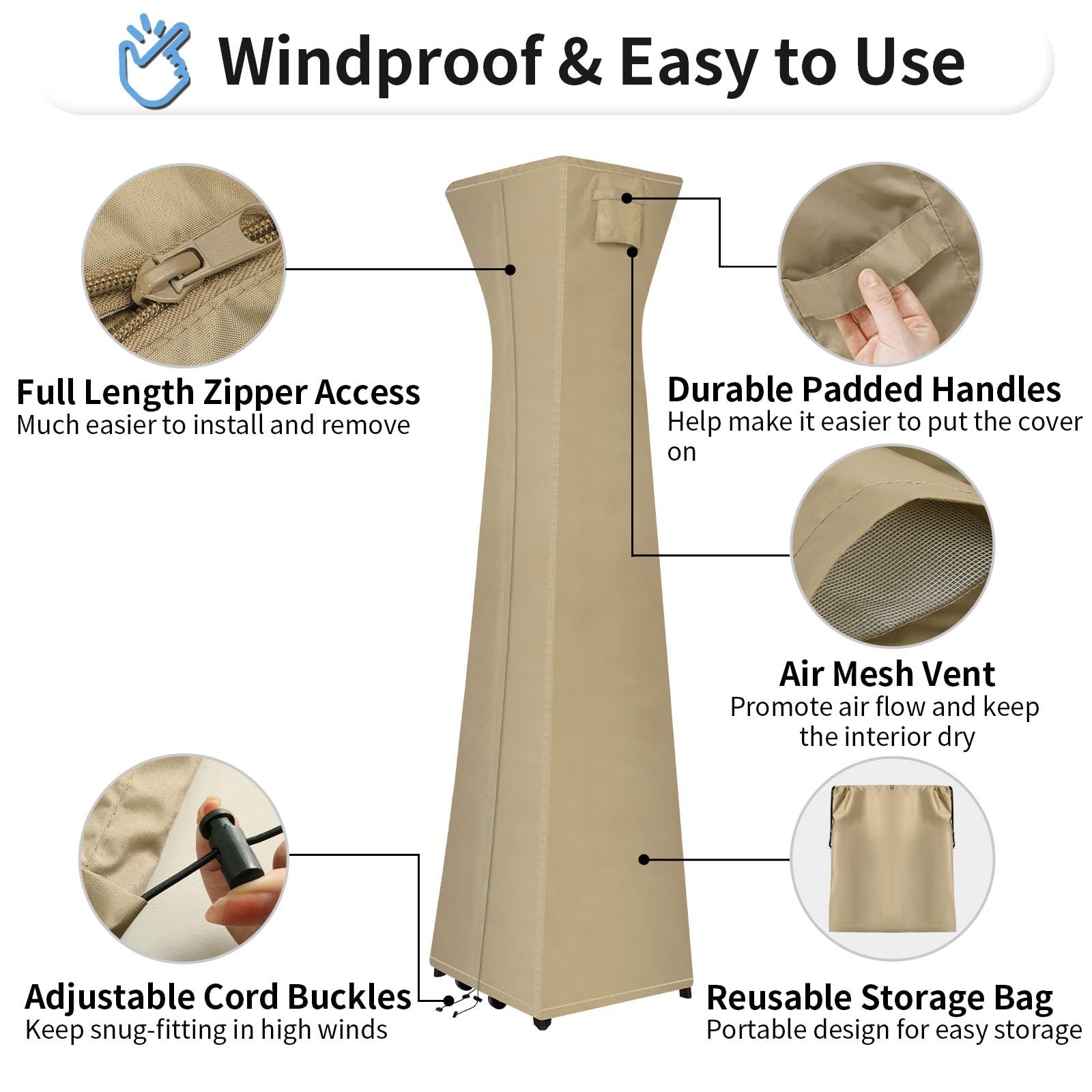Outdoorlines Waterproof Outdoor Patio Heater Covers With Zipper And Storage Bag, Dust-Proof Uv-Resistant Windproof Propane Heavy Duty Heater Cover For Standing Heater, 2 Packs-90Hx23Lx23W Inch Camel