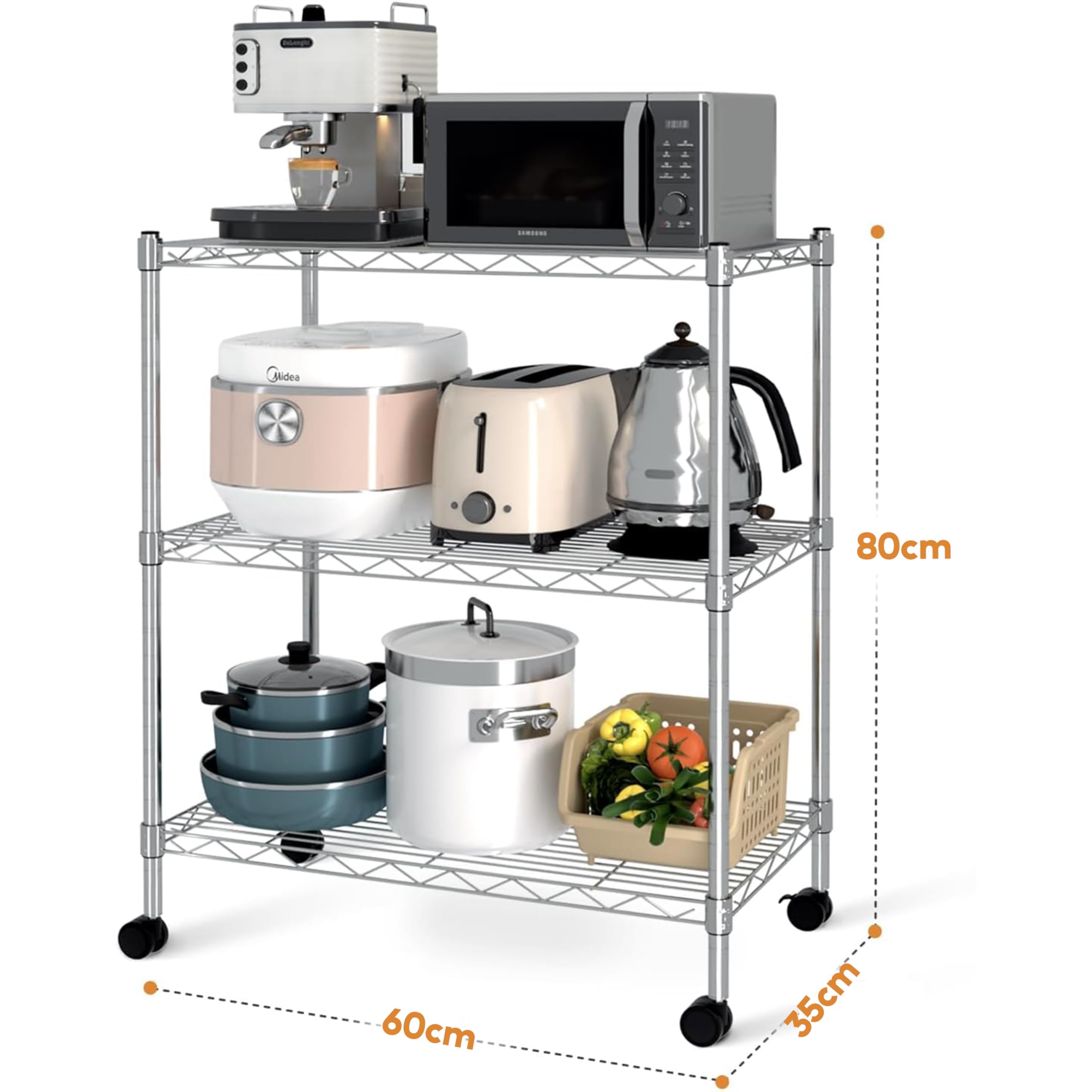 Simple Deluxe Heavy Duty 3-Shelf Shelving With Wheels, Adjustable Storage Units, Steel Organizer Wire Rack, 24.02? X 13.78? X 31.89?, Chrome, Hkshlf23133003Cpc