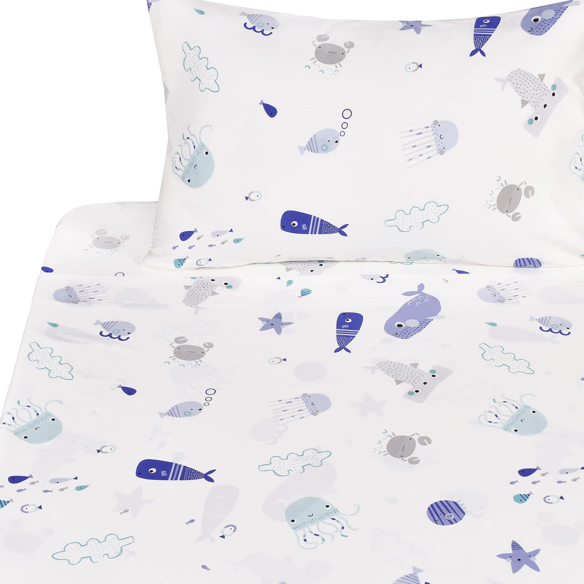 J-Pinno Sea Animal Fish Whale Underwater World Cute Cozy Fun Twin Sheet Set For Kids Girls Children100% Cotton Flat Sheet + Fitt
