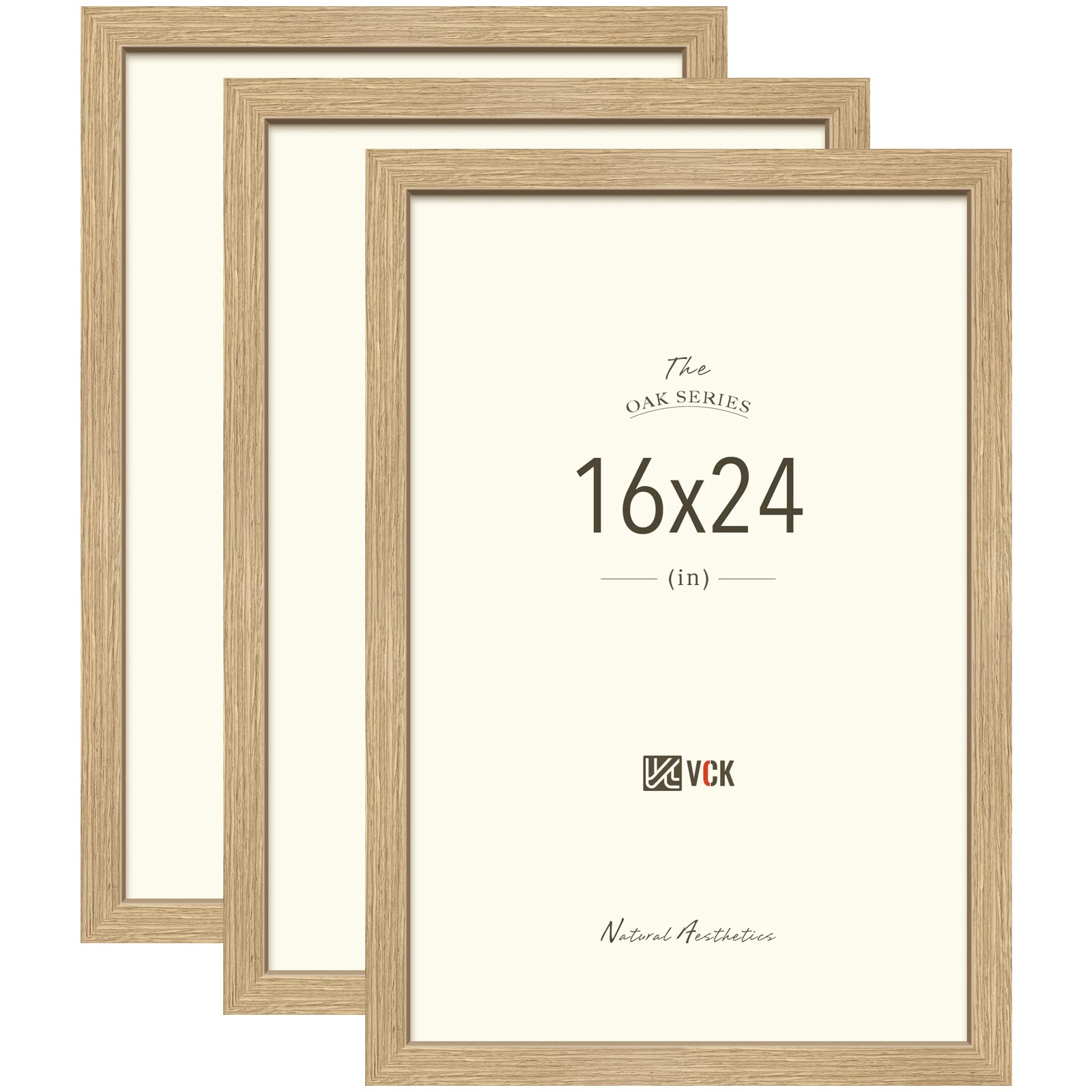 VCK 16x24 Oak Wood Frame for Poster & Picture, Natural Solid Wood Photo Frames 3 Pack, Wall Gallery Frame
