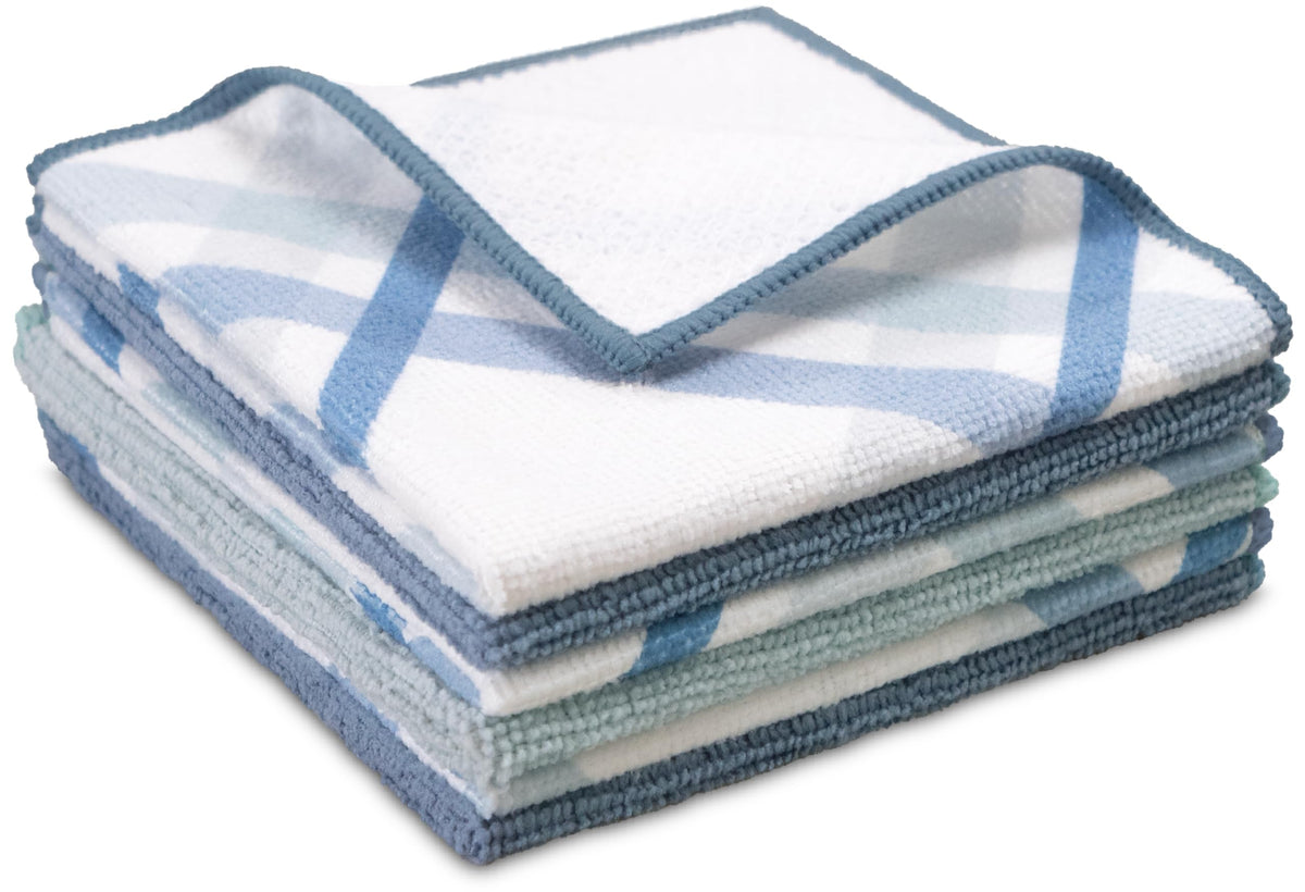 S&T INC. Dish Cloths, 6 Pack, 12 x 12, Assorted Blue Plaid
