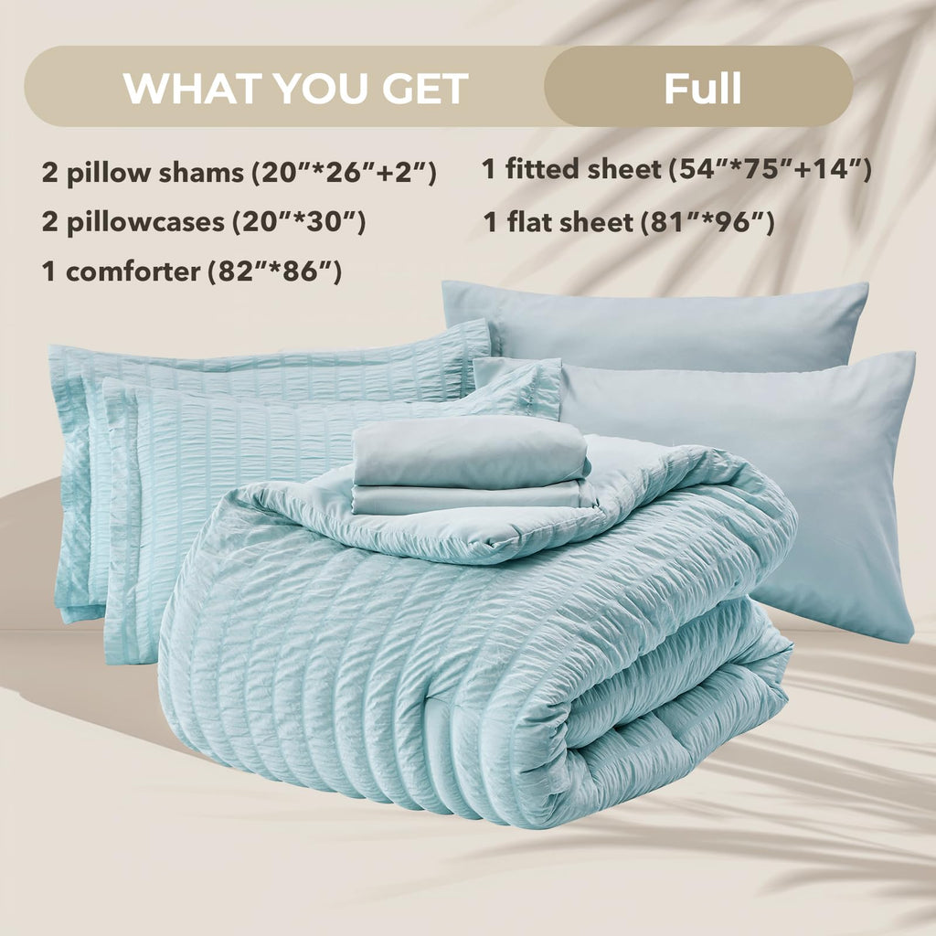 Hymokege Lake Blue Full Size Comforter Sets Seersucker 7 Pieces, All Season Luxury Bed In A Bag For Bedroom, Bedding Set With Co