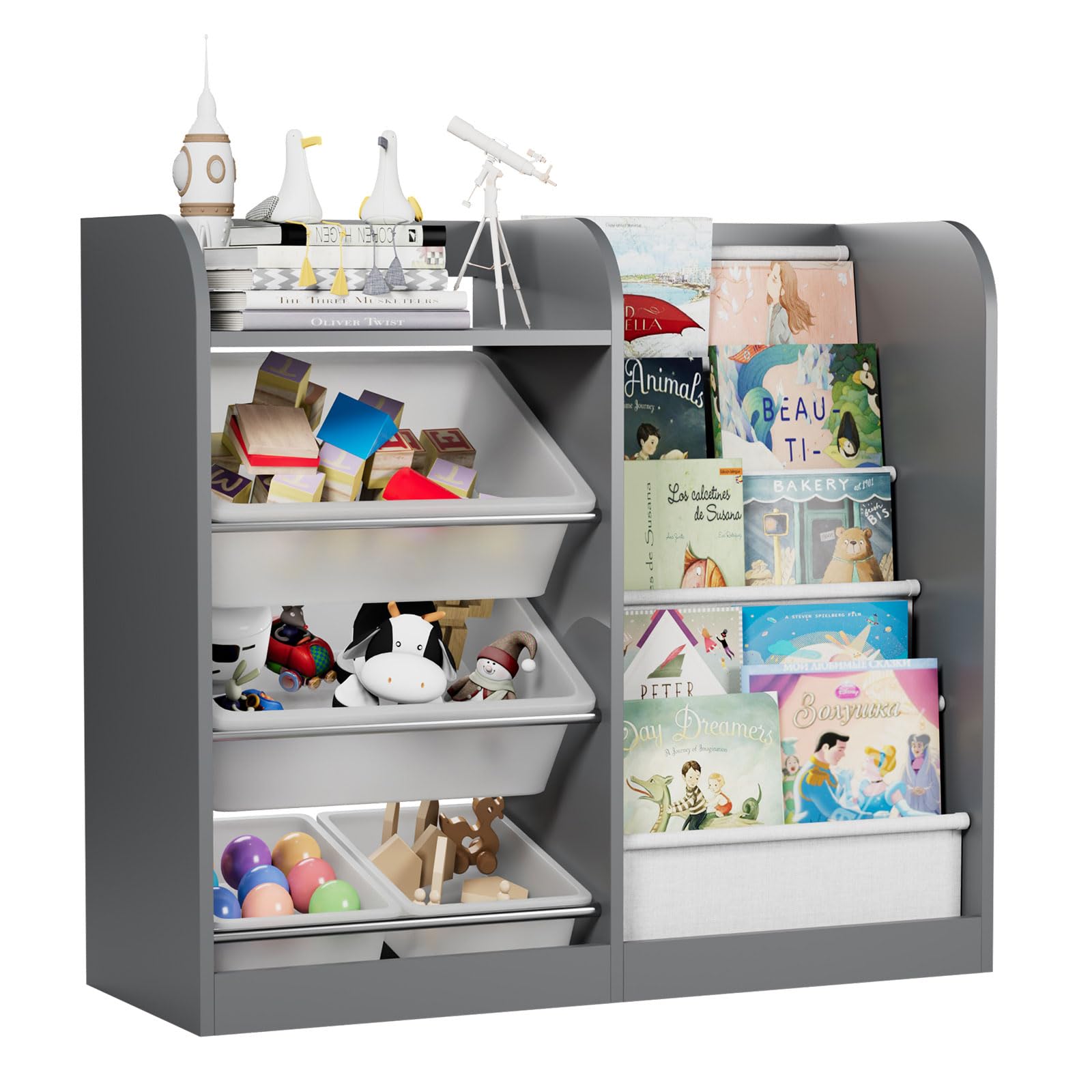 Grey Kids Wood Bookshelf Toy Storage Box Organizer Shelf W/4 Removable Plastic Toy Bins Children Bookcase Toddler Baby Sling Boo