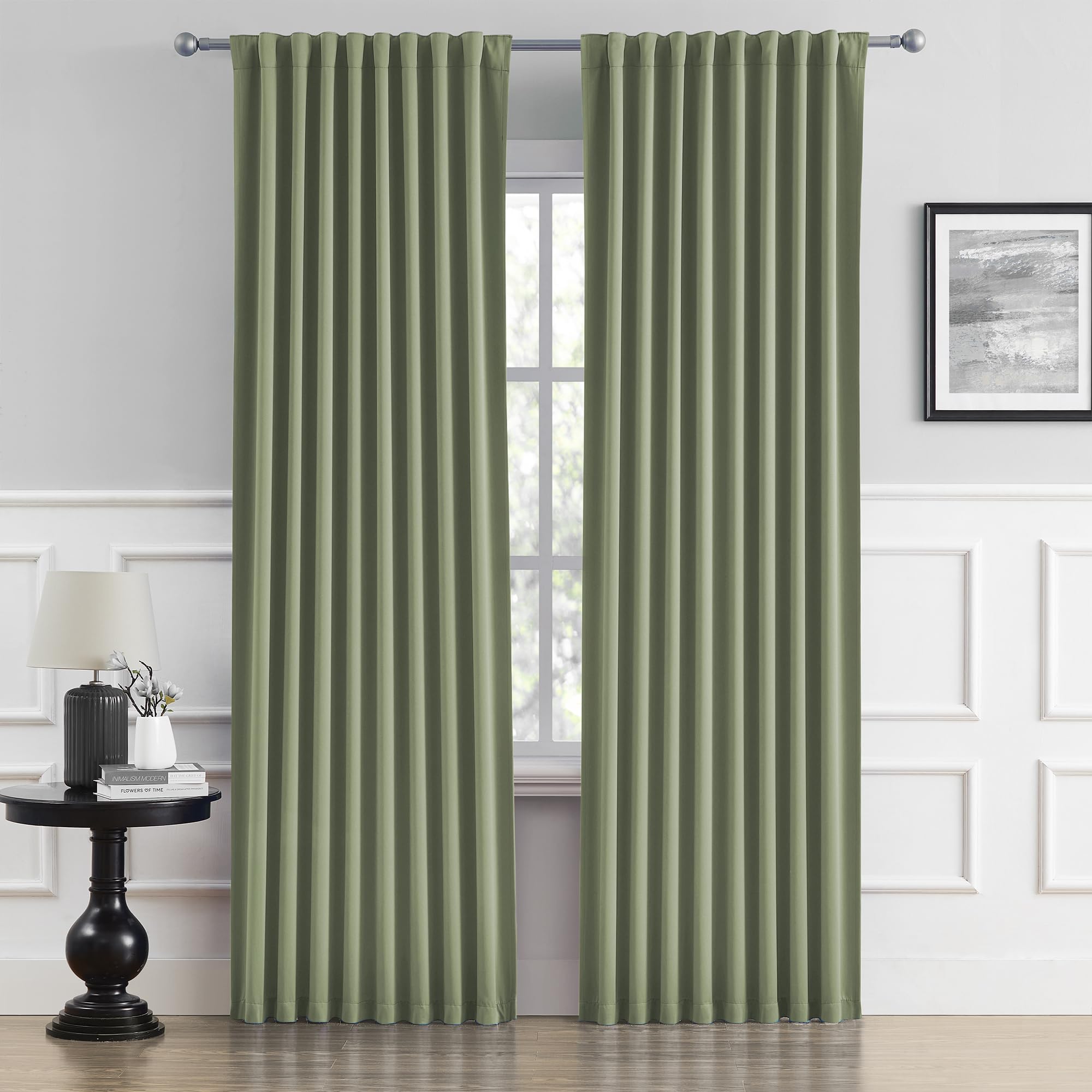 DUALIFE Light Sage Green Curtains 96 Inches Long Back Tab/Rod Pocket Room Darkening Curtain Panels Window Drapes Light Blocking 
