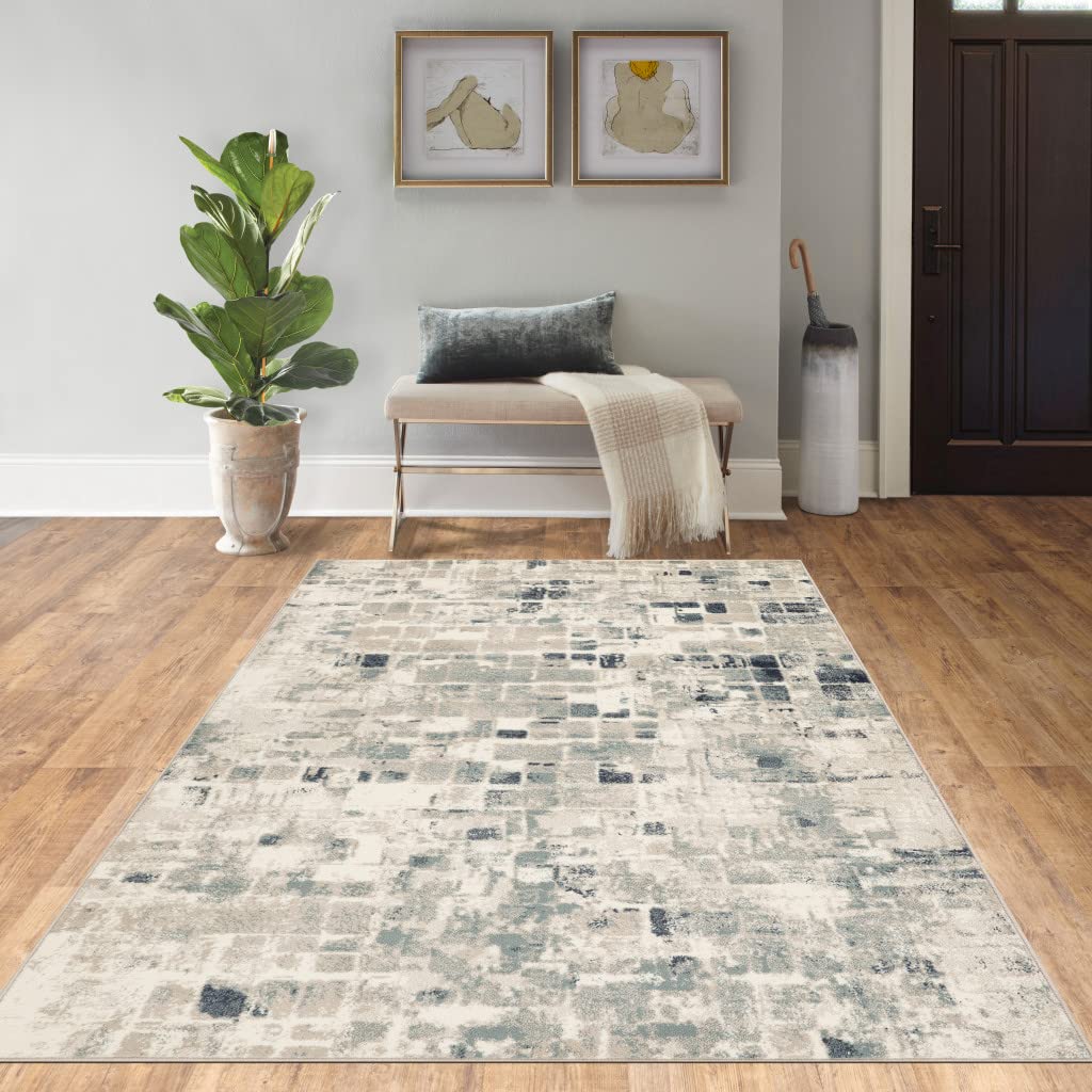 HomeRoots Beige/Blue Heat-Set Polypropelene 3’ x 5’ Beige Blue Abstract Tiles Distressed Area Rug