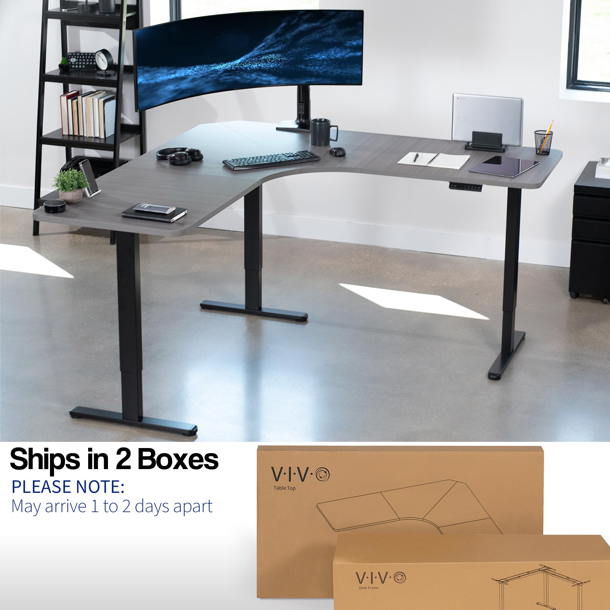 Vivo Electric Height Adjustable 71 X 71 Inch Curved Corner Stand Up Desk, Dark Gray Table Top, Black Frame, Memory Controller, L-Shaped Workstation, E3C Series, Desk-Kit-E3Cbg