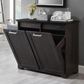 OLD CAPTAIN Double Tilt Out Trash Cabinet, Wooden Kitchen Garbage Can Free Standing Holder (Dark Brown+Black Top Panel)