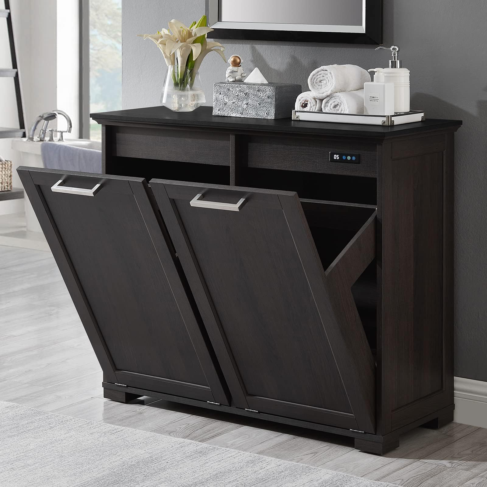 OLD CAPTAIN Double Tilt Out Trash Cabinet, Wooden Kitchen Garbage Can Free Standing Holder (Dark Brown+Black Top Panel)
